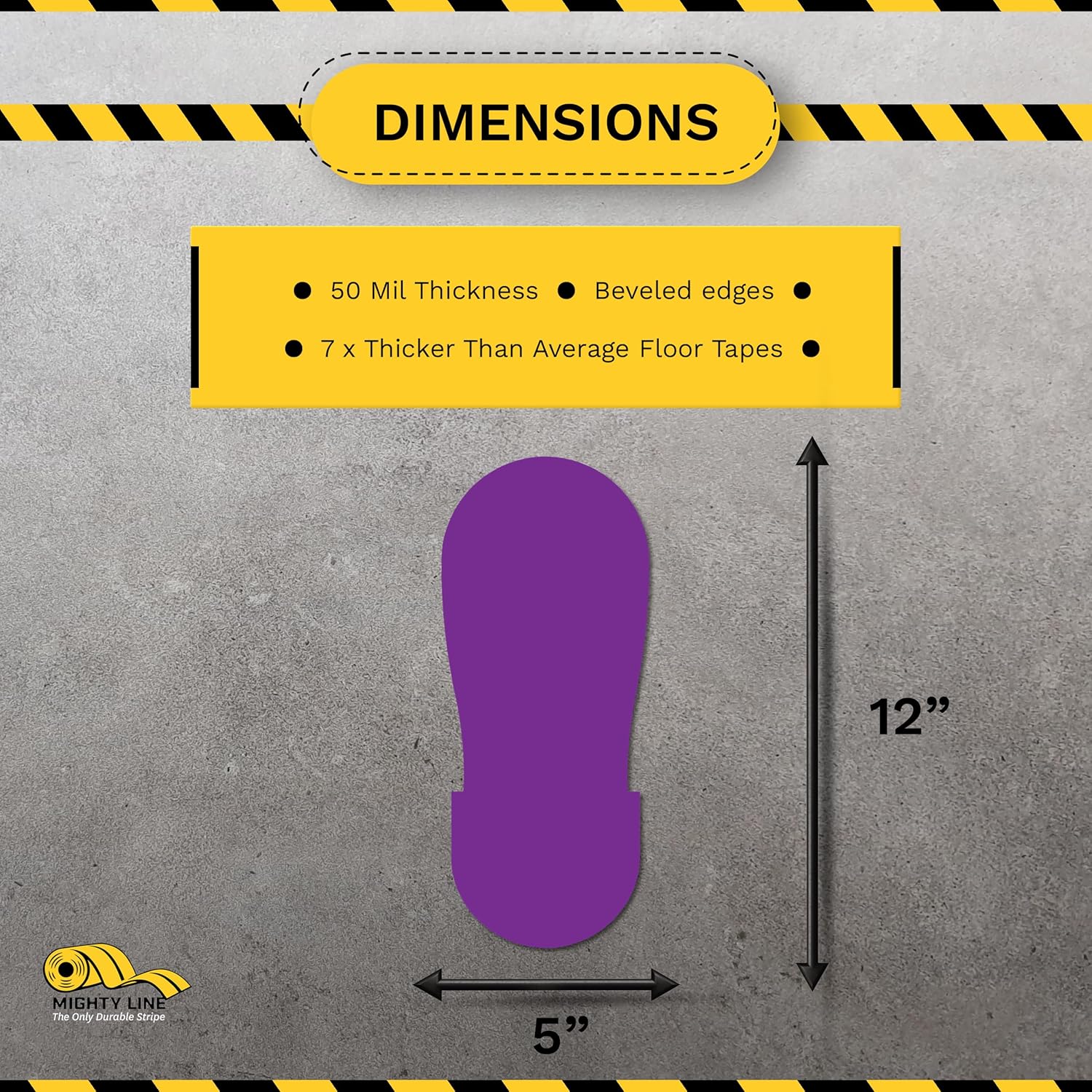 Mighty Line Big Footprints Floor Marking Tape for Safety, Caution, Warning, Heavy-Duty, Peel and Stick, Adhesive, Industrial Quality, 12" Long x 5" Wide, Purple, Pack of 50