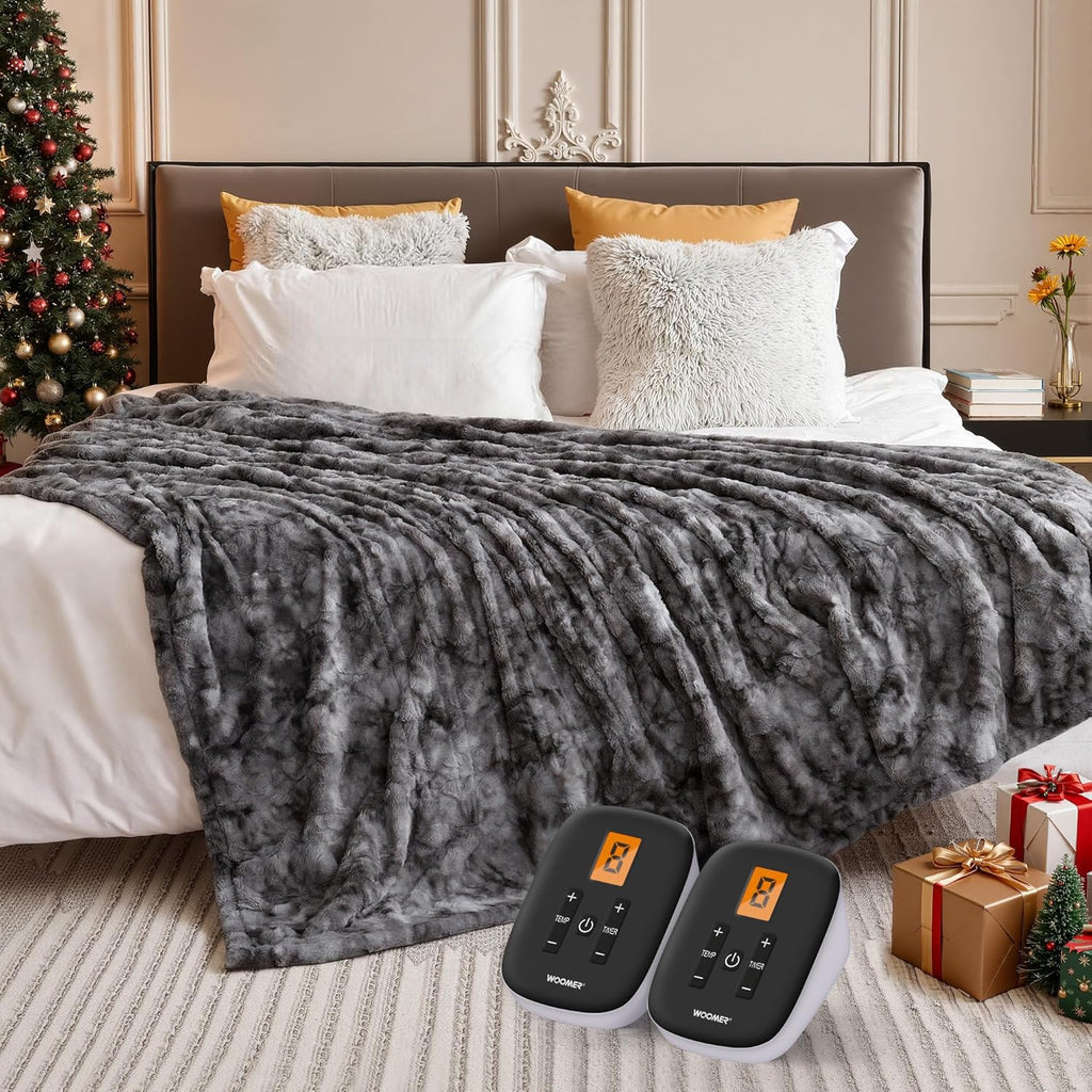 WOOMER Heated Blanket Queen Size 84" x 90", Electric Blanket with 0.5-12 Hours Timer & 10 Heating Levels, ETL Certified, Marble Gray Double-Sided Faux Fur, Machine Washable