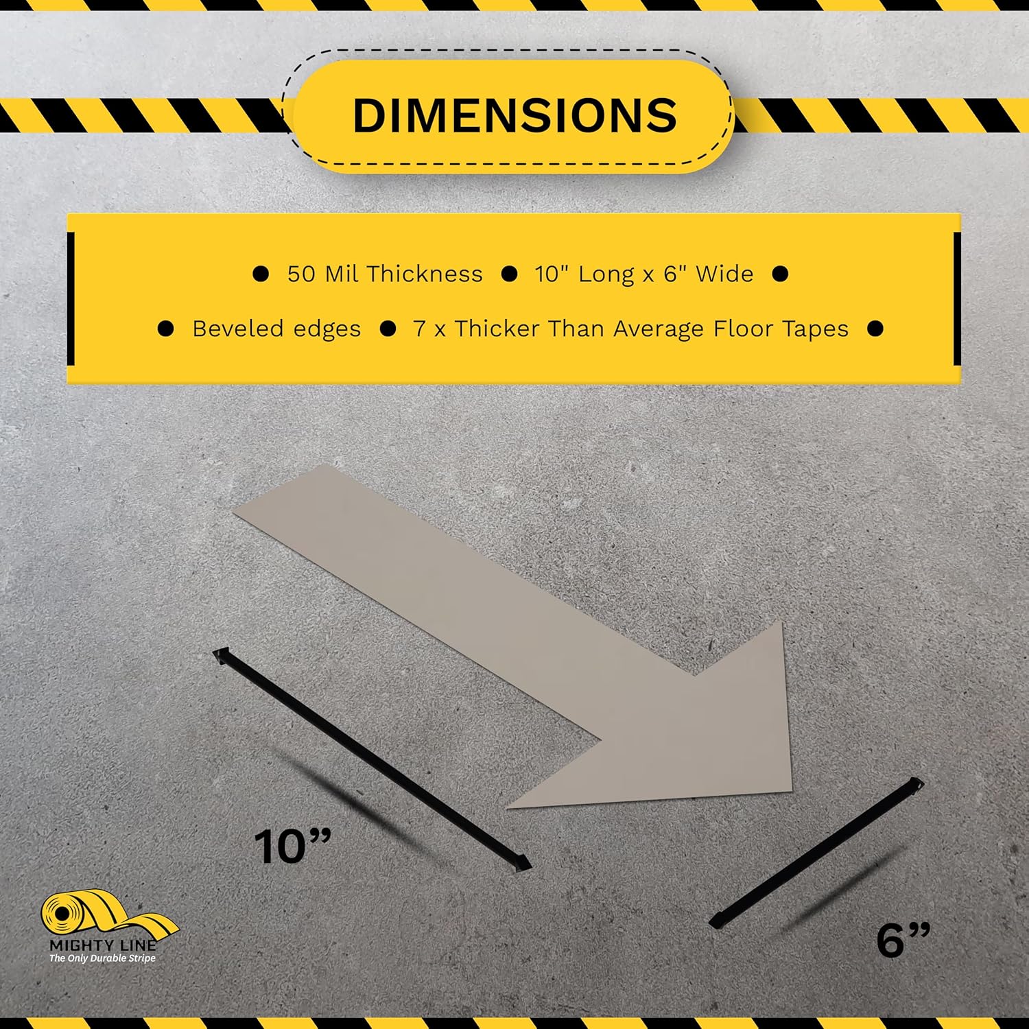 Mighty Line Solid Arrows Directional Sticker Sign Floor Marking Tape for Safety, Caution, Warning, Heavy-Duty, Peel and Stick, Adhesive, Industrial Quality, Gray, 10" by 6", Pack of 50