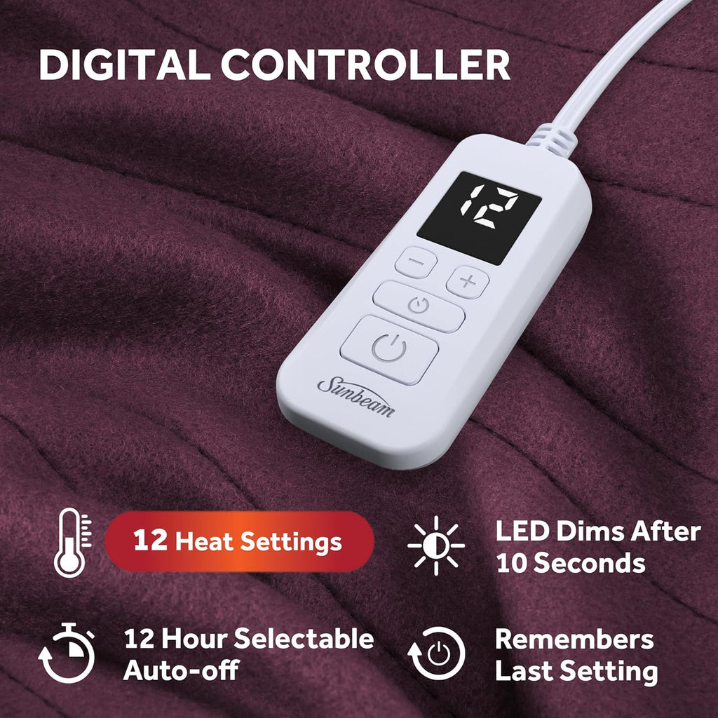 Sunbeam Royal Ultra Fleece Heated Electric Blanket Twin Size, 84" x 62", 12 Heat Settings, 12-Hour Selectable Auto Shut-Off, Fast Heating, Machine Washable, Warm and Cozy, Claret