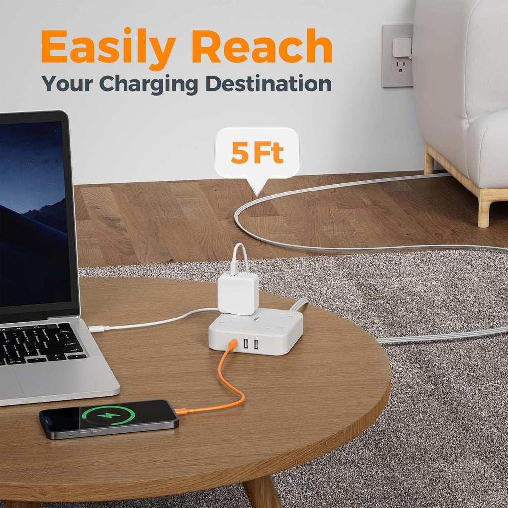 Surge Protector Flat Extension Cord 5FT, TESSAN Flat Plug Power Strip with 4 Outlets 3 USB C Ports (1 USB C), 900 Joules Protection, Multiple Wall Outlet Extender Suitable for Home Office Dorm, White