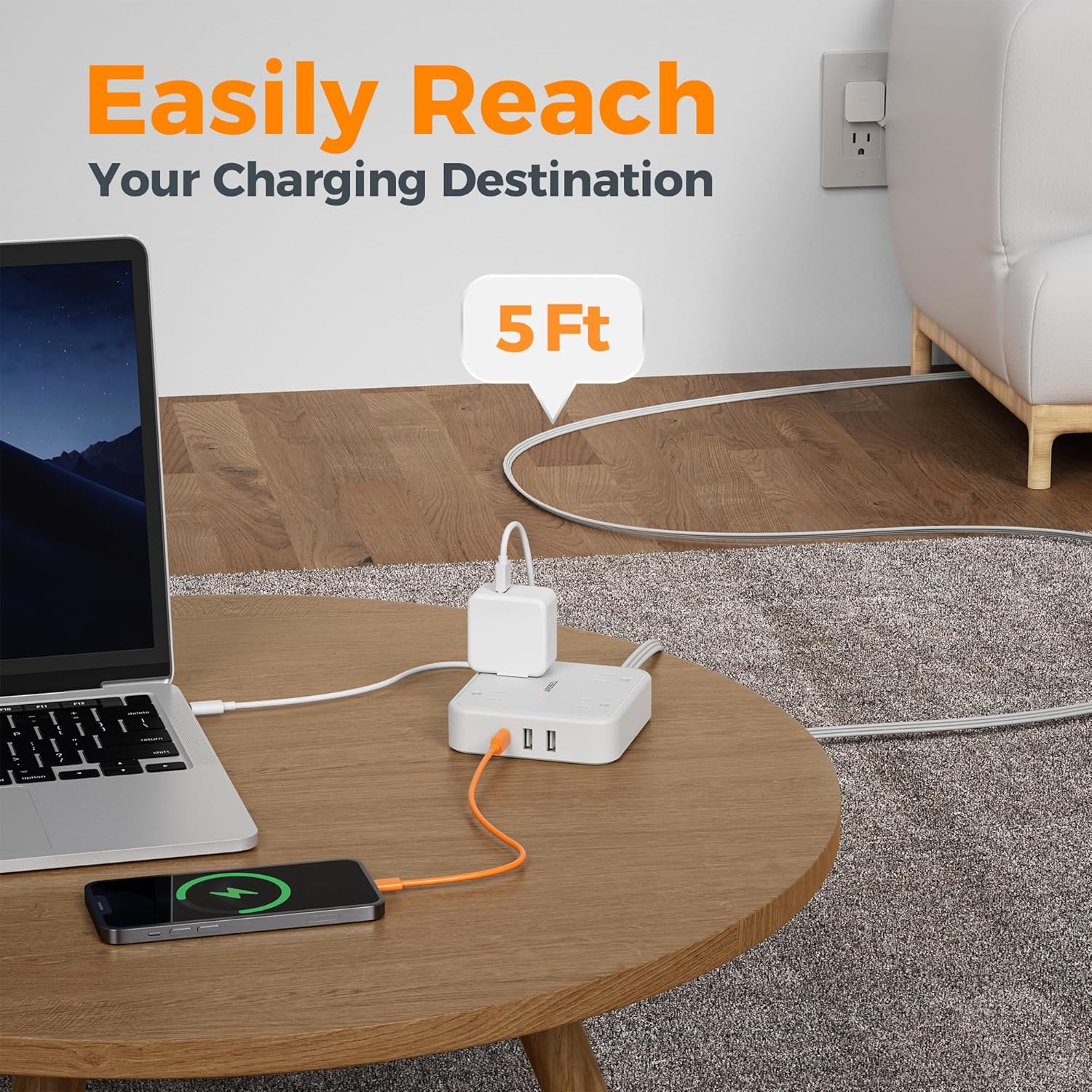 Surge Protector Flat Extension Cord 5FT, TESSAN Flat Plug Power Strip with 4 Outlets 3 USB C Ports (1 USB C), 900 Joules Protection, Multiple Wall Outlet Extender Suitable for Home Office Dorm, White