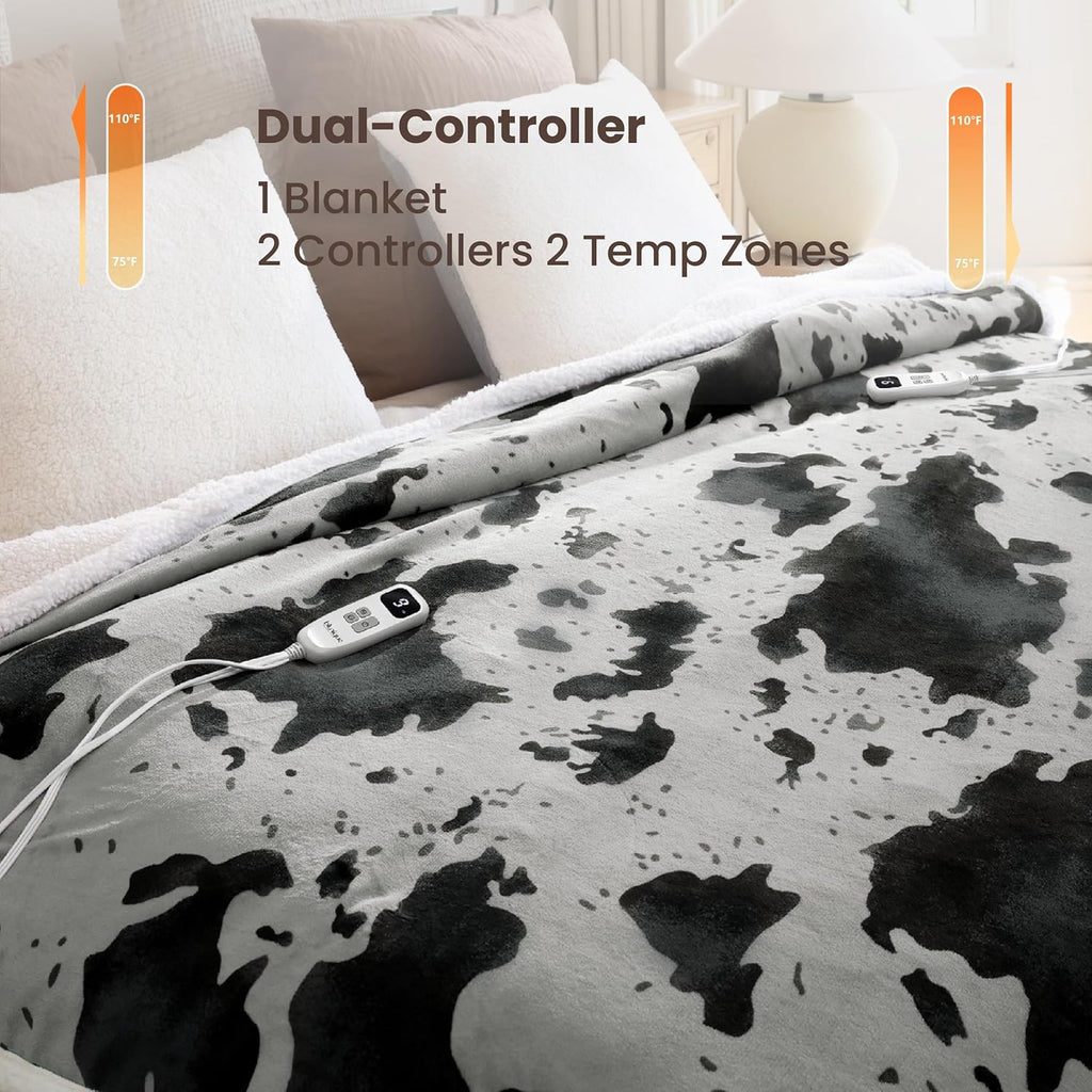 Cow Print Heated Electric Blanket King Size-Dual Control Heating Blanket King Size with 10 Heat Levels & 10 Hours Auto-Off, Cozy Soft Fleece Sherpa, Washable, 90x100 Inche Cow Print Grey