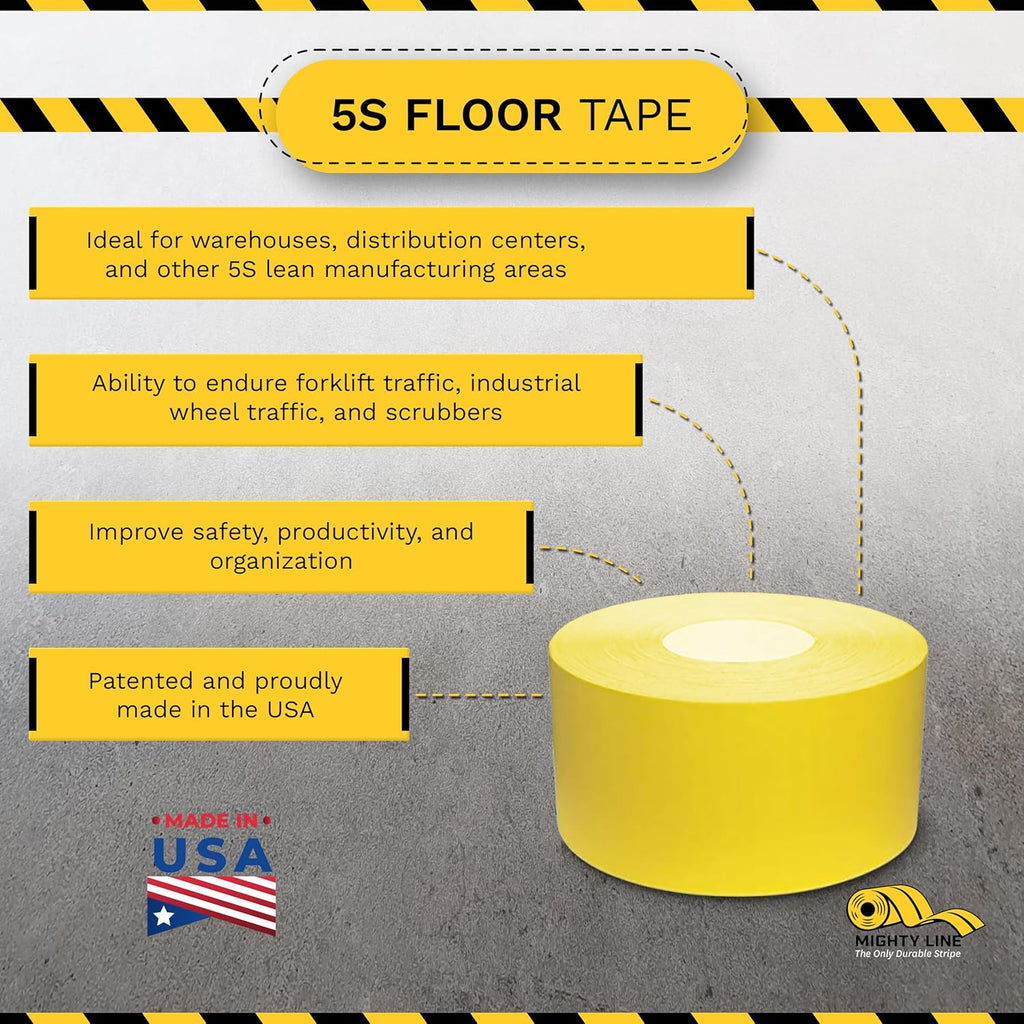 Mighty Line UltraLine Solid Floor Marking Tape for Safety, Caution, Warning, Heavy-Duty, Peel and Stick Adhesive, Beveled Edge Design, Industrial Quality, 4 Inch, 100' Roll, Yellow