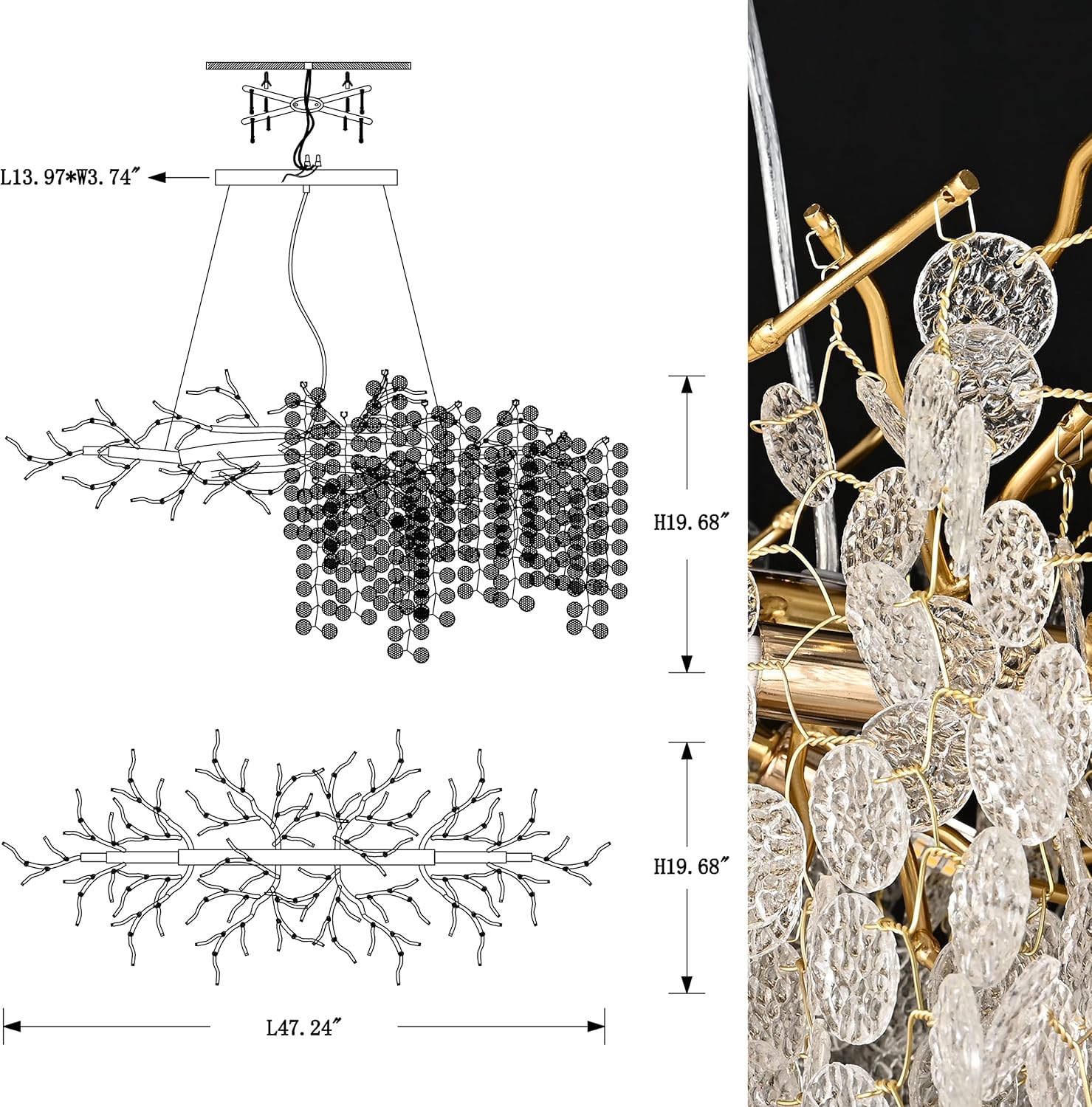 Modern Tree Branch Chandelier, 47.24 inch Money Tree Branch Gold Crystal Chandeliers, Rectangular Ceiling Pendant Lighting Fixtures for Dining Room, Bedroom, Living Room