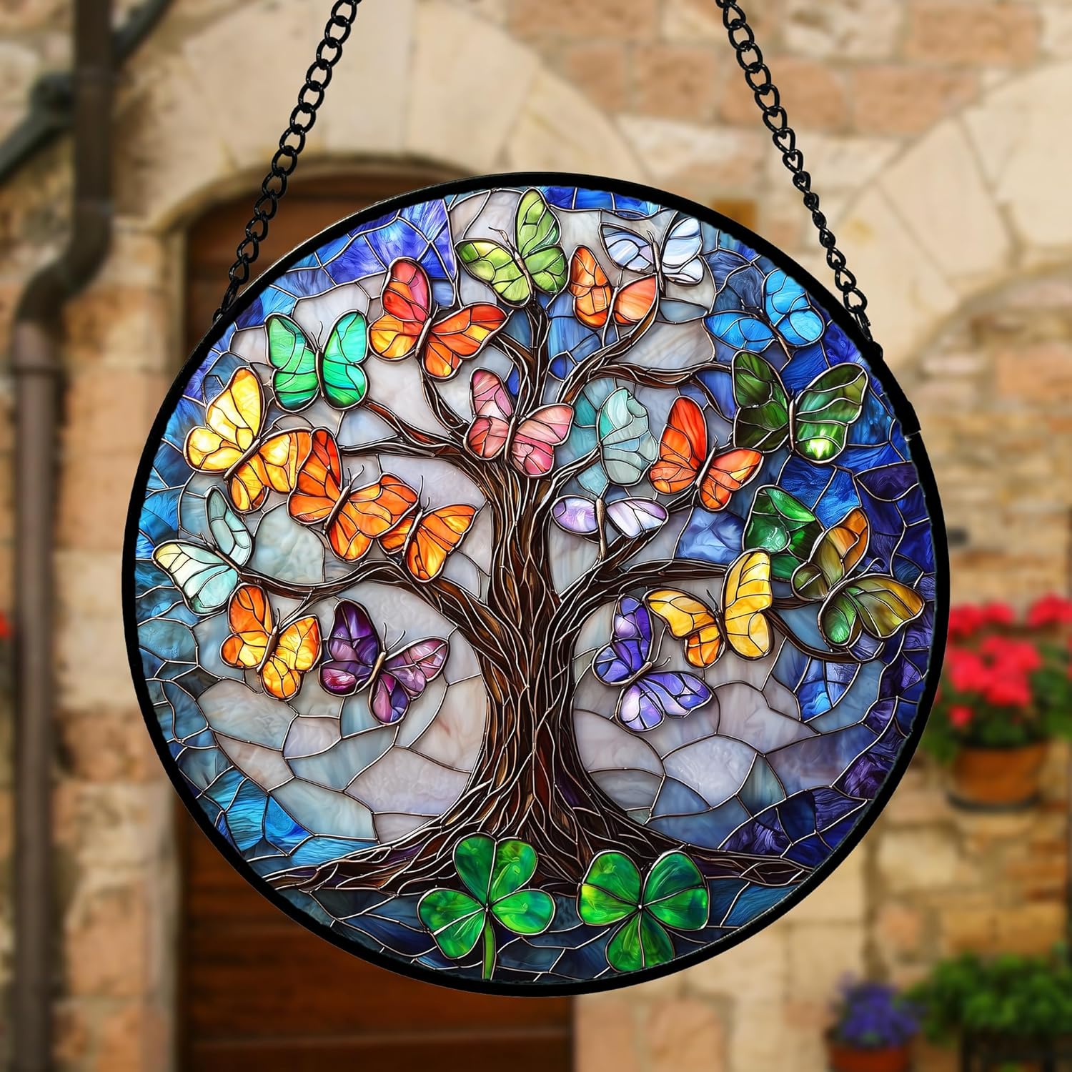 Stained Glass Window Hanging, Butterfly Tree Clover Sun Catchers Glass Panel Blue Suncatcher Decor for Birthday for Women, Men, Wife, Aunt, and Mom 7.8 in