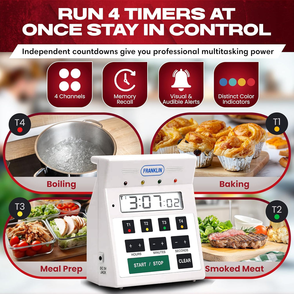 FMP Digital 4 Channel Commercial Kitchen Timer - Battery Operated Digital Countdown Timer for Kitchen, Cooking, Restaurant, Classroom – Water Resistant - 7-Inch, White - 151-7500 by FryOilSaver Co