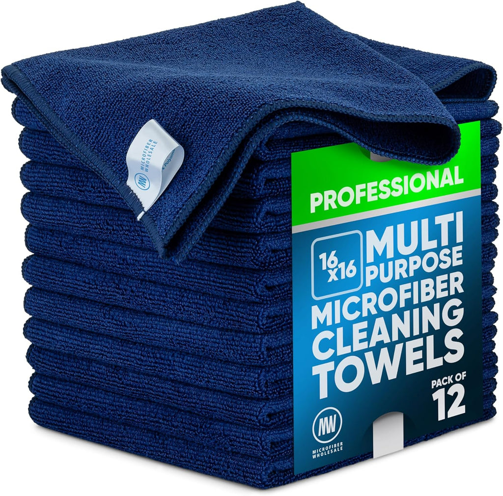 MW Pro Multi-Surface Microfiber Towel – 12 Pack | Premium Cleaning Cloth | Clean, Buff, Dust, Polish, Absorb | Large 16"x16" (Dark Blue)