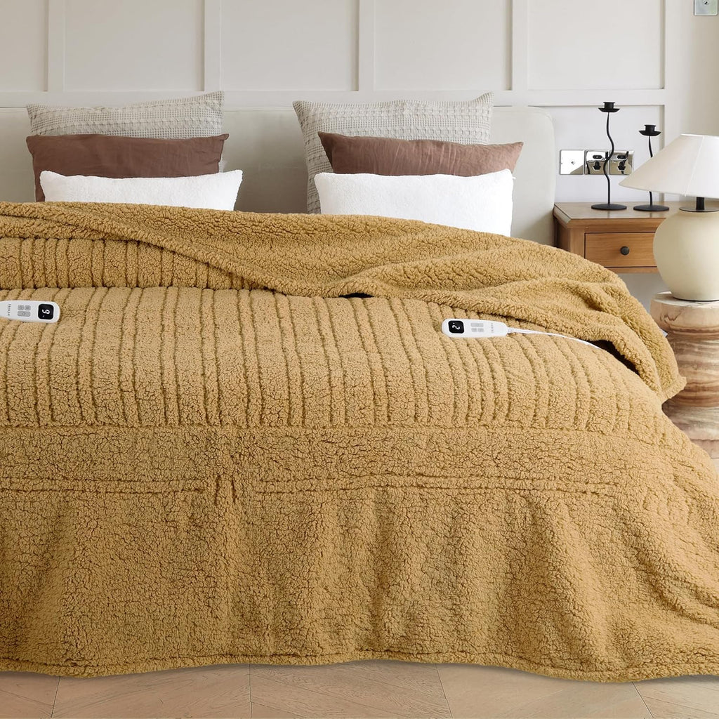 Heated Blanket Electric Blanket King - Fast Heating Blanket Throw Dual Control Double Sided Sherpa with 10 Heating Levels & 2-10 Hours Auto Off, Mashine Washable, 90 x 100 Inches, Camel
