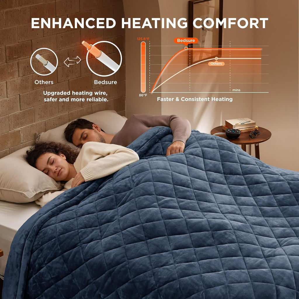 Bedsure Electric Blanket Queen Size - Dual Control Heated Blanket Queen with 10 Heat Settings, Thick Heating Blanket with 10 Time Settings, Fast Heating Quilted Blanket (84x90 inches, Bering Sea)