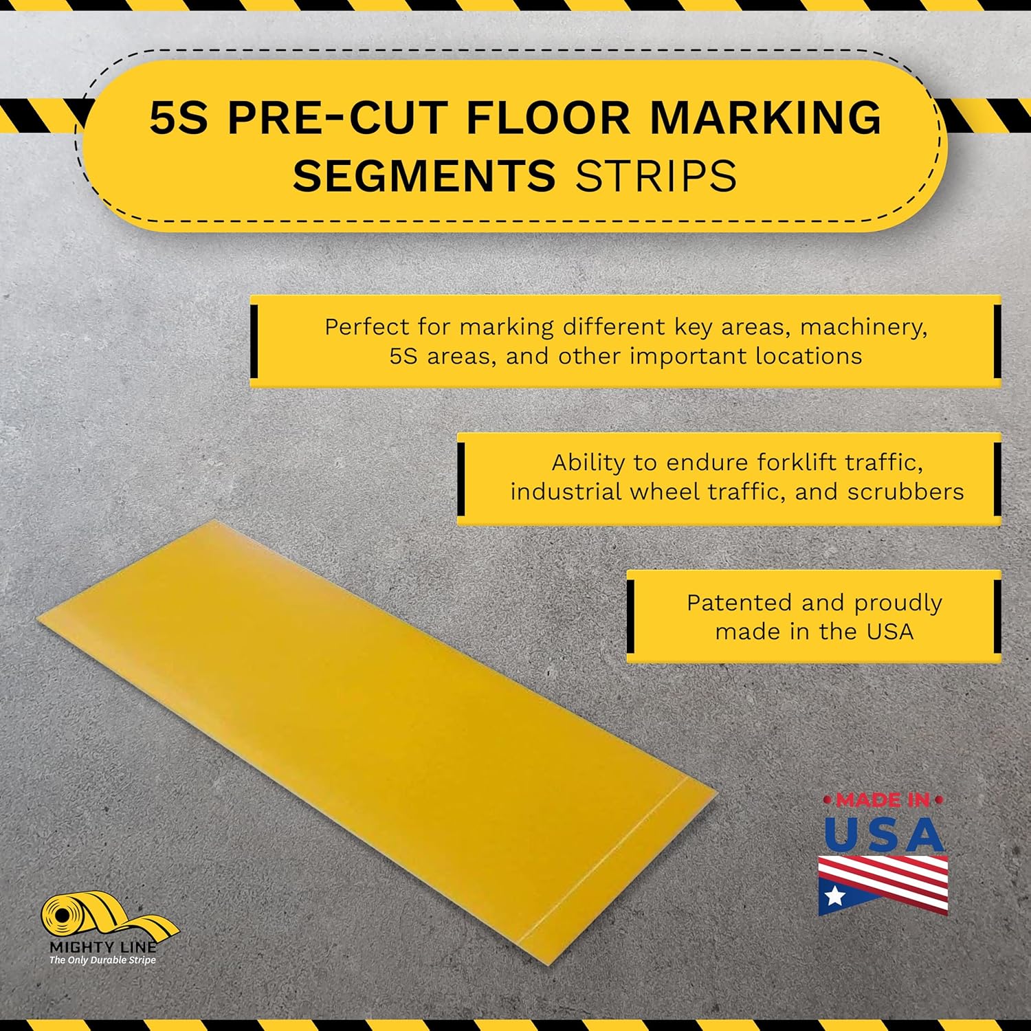 Mighty Line Floor Marking Tape Strips for Safety, Caution, Warning, Heavy-Duty, Peel and Stick, Adhesive, Industrial Quality, Yellow, 2" by 10"