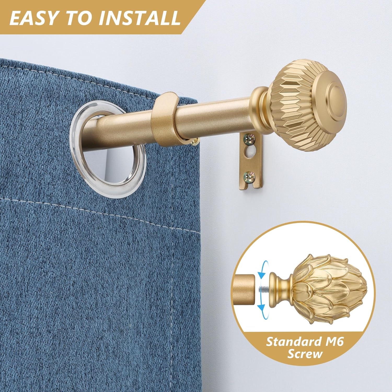Curtain Rods 28"-48" Adjustable, Gold, Metal, Wall Mounted, Single Window Treatment Rods with Classic Finials