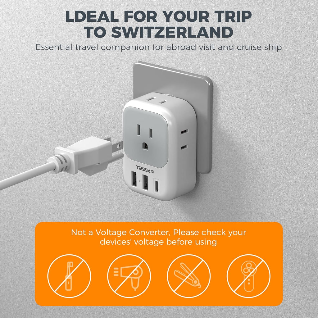 Switzerland Power Adapter 2 Pack, TESSAN Type J Adaptor with 4 Outlets 3 USB Charging Ports(1 USB C), Swiss Travel Plug for US to Switzerland, Liechtenstein, Rwanda