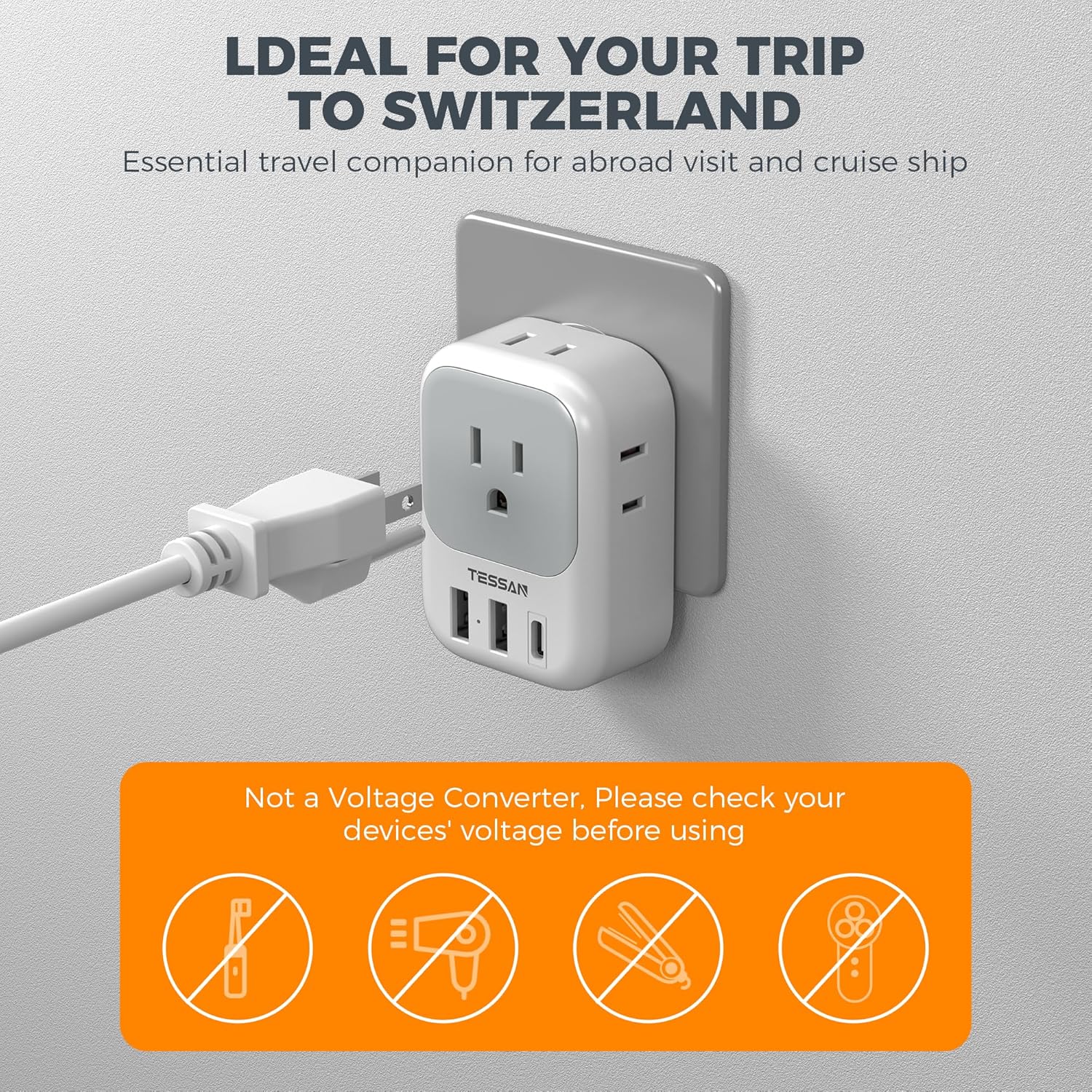 Switzerland Power Adapter 2 Pack, TESSAN Type J Adaptor with 4 Outlets 3 USB Charging Ports(1 USB C), Swiss Travel Plug for US to Switzerland, Liechtenstein, Rwanda