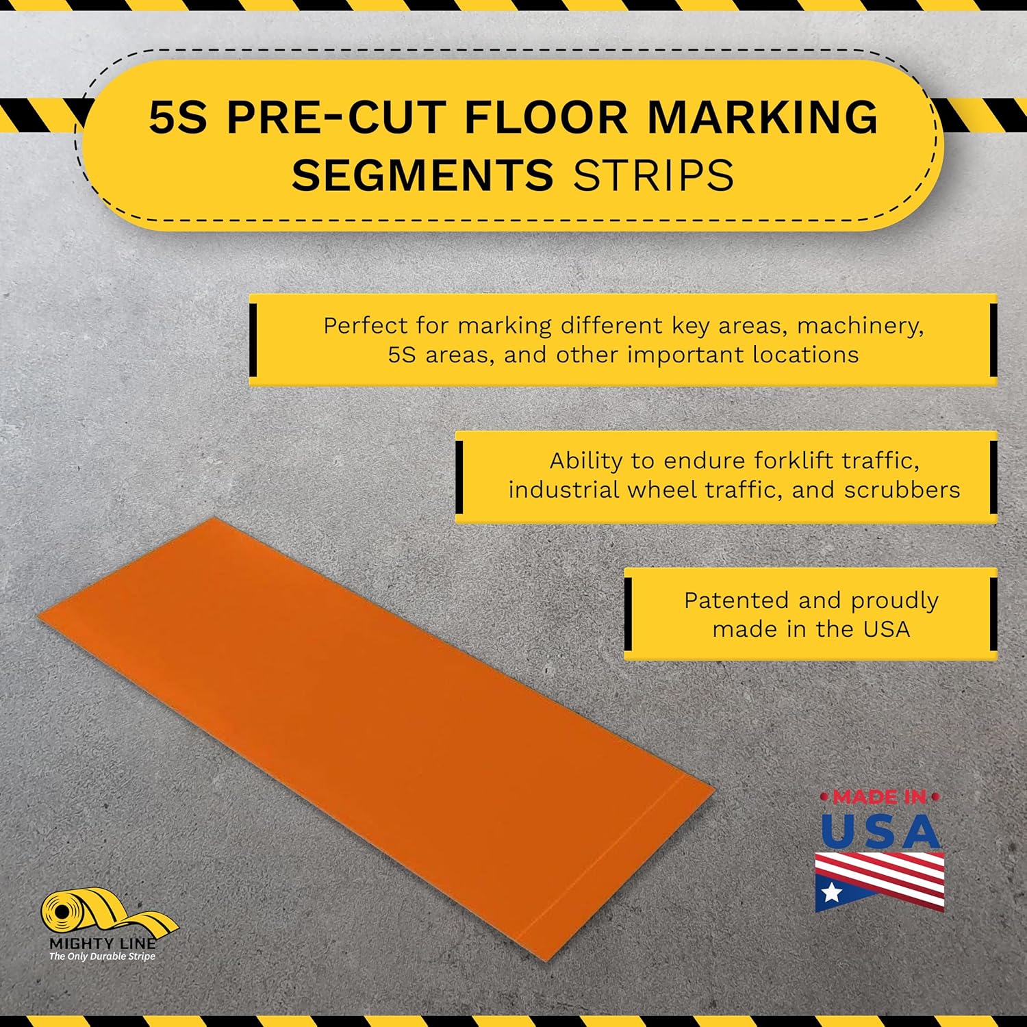 Mighty Line Floor Marking Tape Strips for Safety, Caution, Warning, Heavy-Duty, Peel and Stick, Adhesive, Industrial Quality, Orange, 3" by 10"