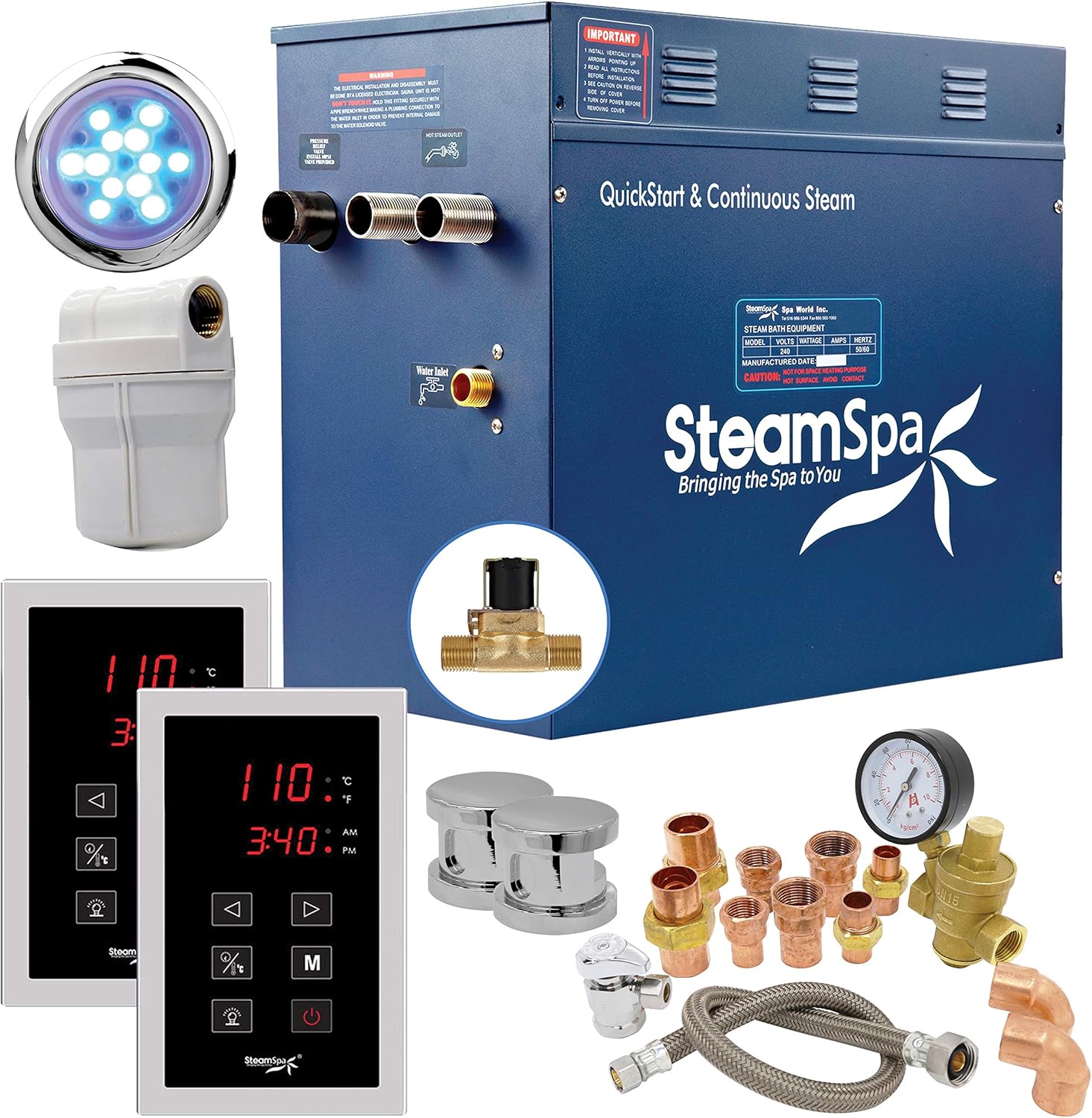 SteamSpa 10.5kW Steam Sauna Generator Executive Bundle 240V Steam Generator with Touch Pad, Steamheads, Pressure Relief Valve, Built-in Auto Drain, LED Light, Filter and Quick Install Kit EXT1050CH