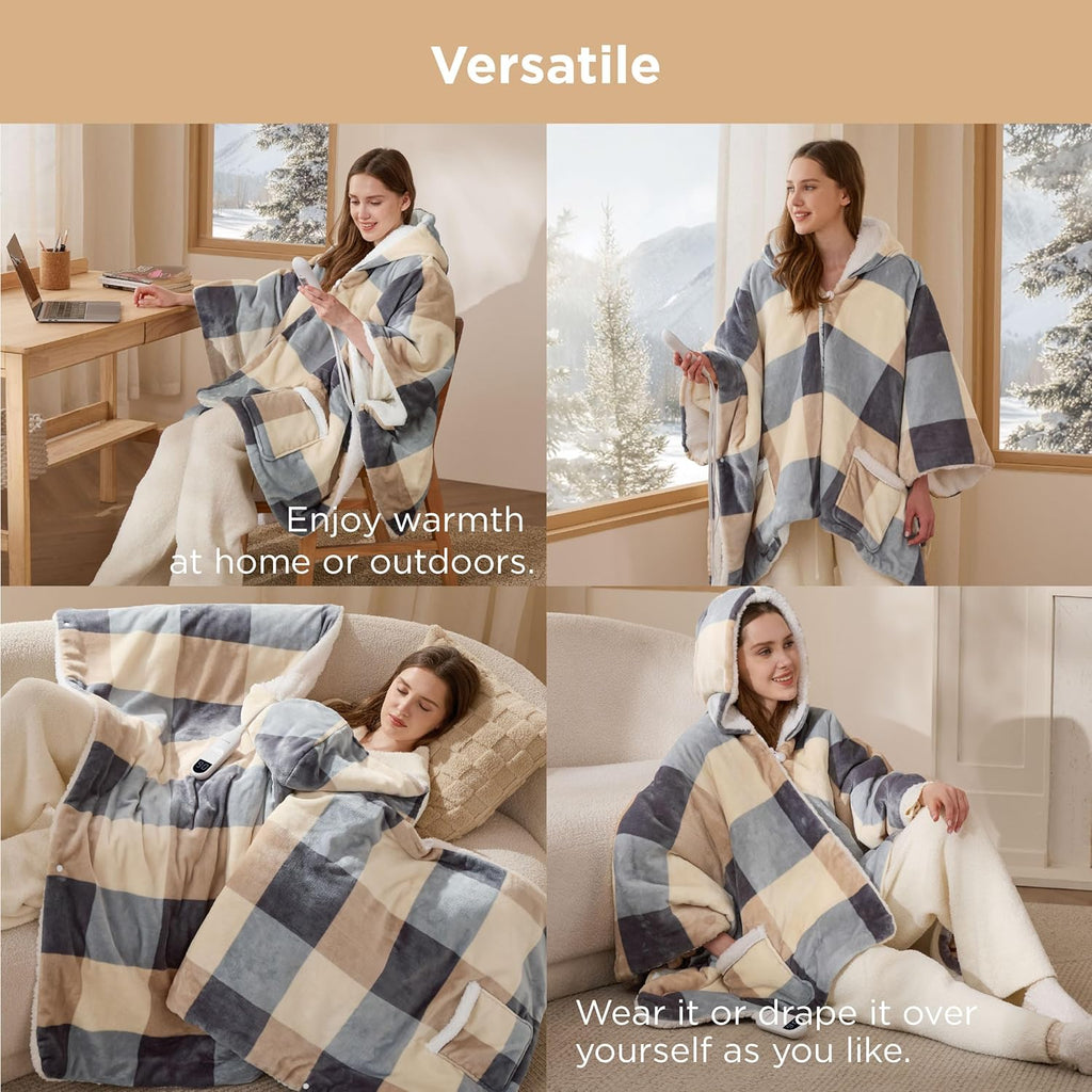 Bedsure Heated Blanket Wearable Shawl - Electric Wrap Poncho Blanket Hoodie Adult as Winter Gifts for Mom Women Girlfriend, Warm Sherpa Heating Throw, Auto Shut Off, 55x64 inches, Beige Plaid Pattern