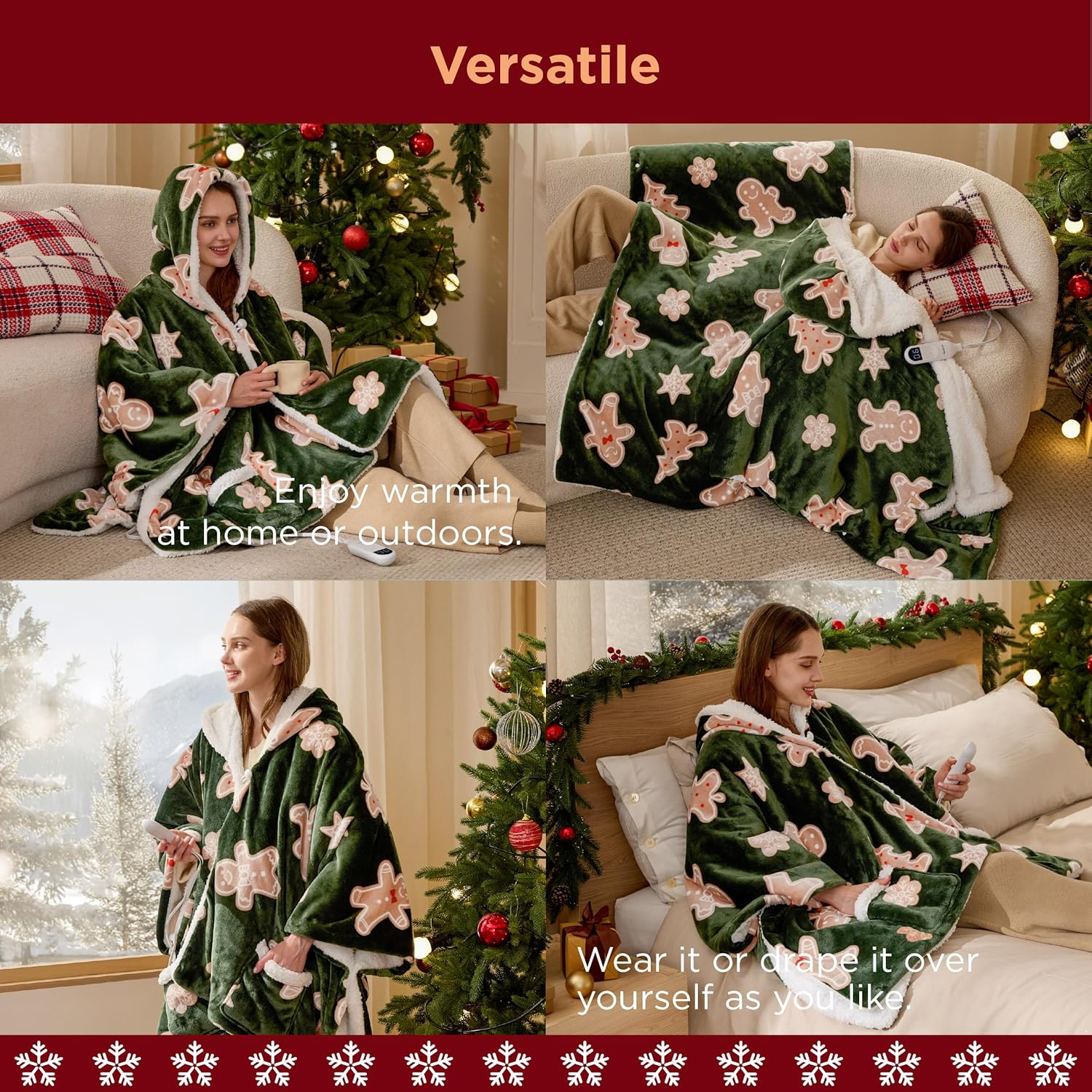 Bedsure Heated Blanket Wearable Shawl - Electric Wrap Poncho Blanket Hoodie Adult as Christmas Winter Gifts for Women, Warm Sherpa Heating Throw,Auto Shut Off, 55x64 in, Green Gingerbread Man Pattern