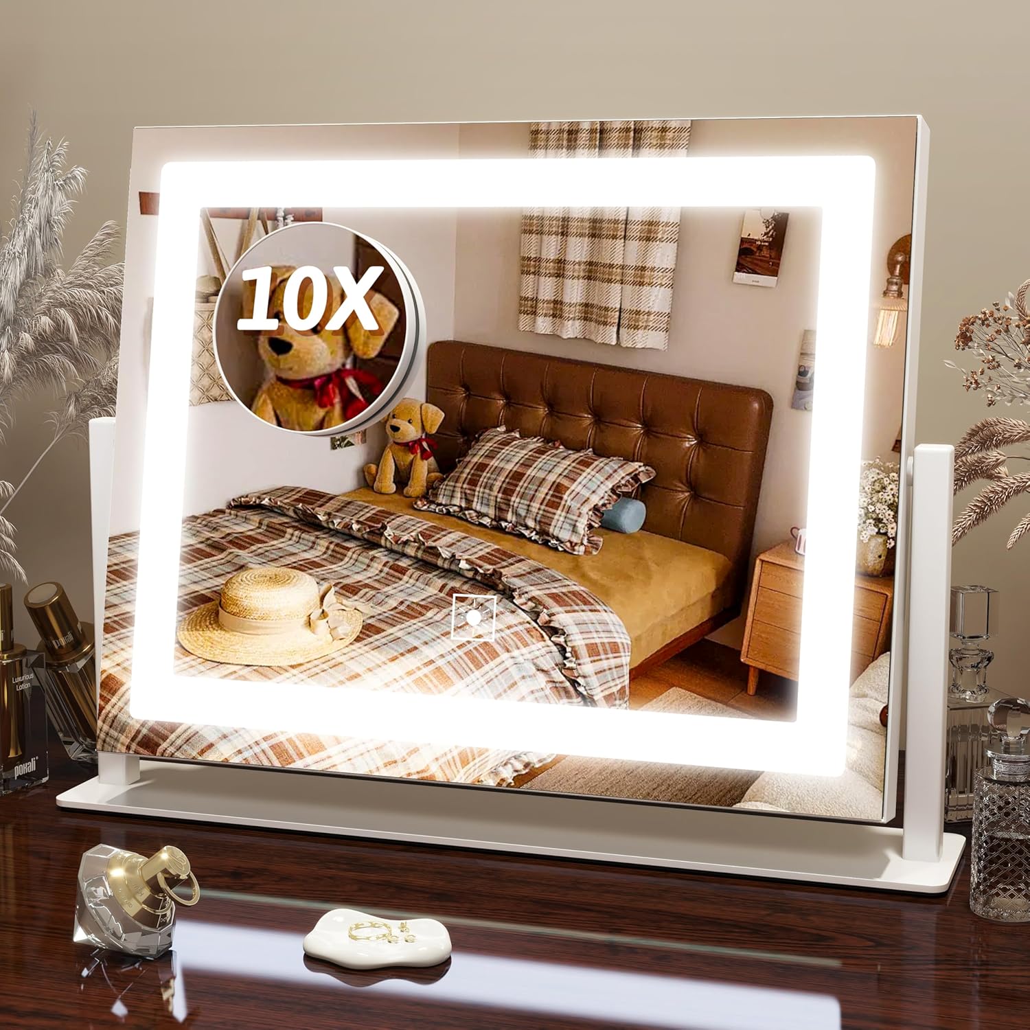 FENNIO Vanity Mirror with Lights, 12" x 16" Lighted Makeup Mirror with Smart Touch Control, 3 Color Modes & Brightness Adjustable, LED Makeup Mirror with 10X Magnification, 360° Rotation for Bedroom