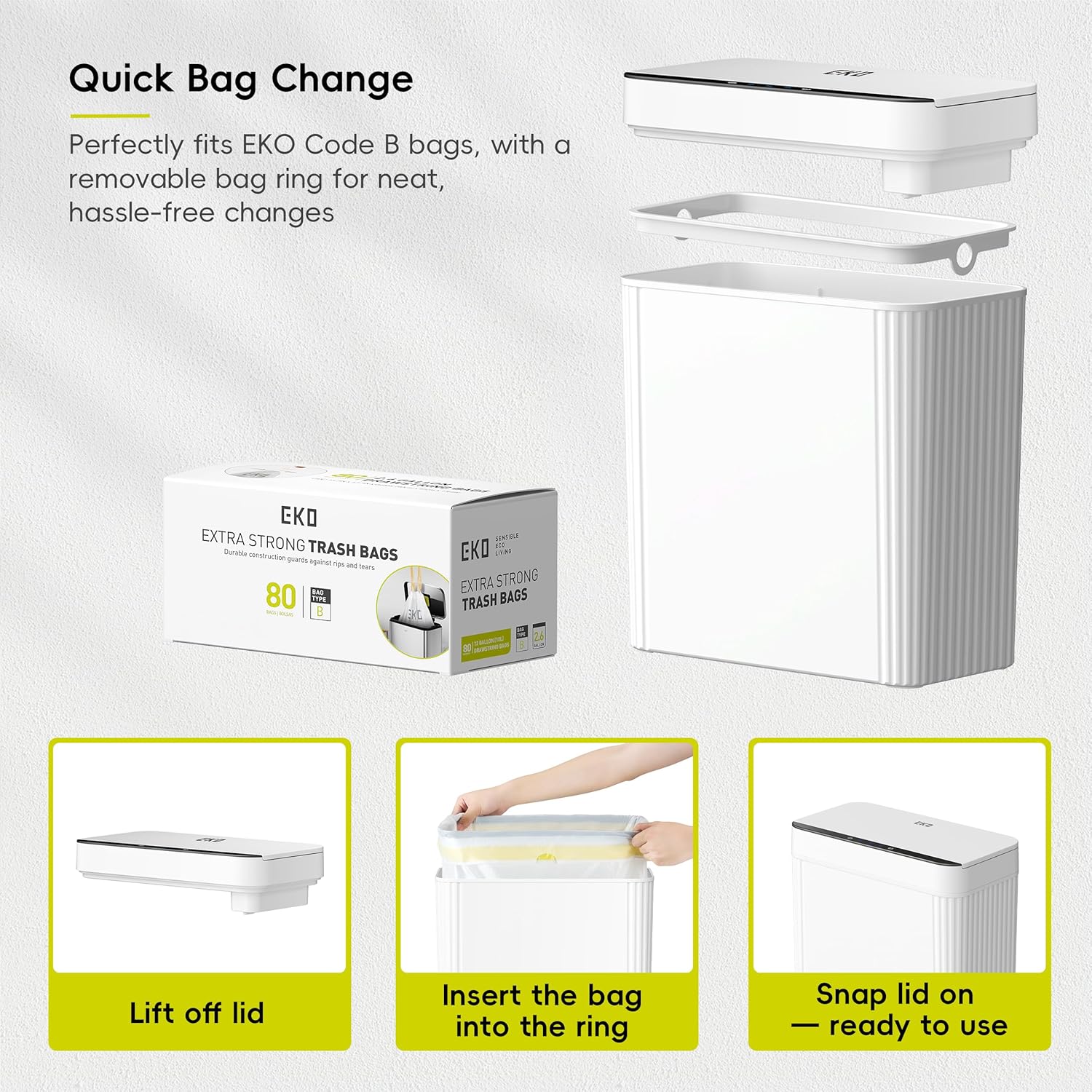 EKO Brio 10L/2.6 Gallon Motion Sensor Trash Can, Automatic Touchless Bathroom Garbage Bin, Waterproof Smart Trash Can for Kitchen, Bedroom, and Office, White