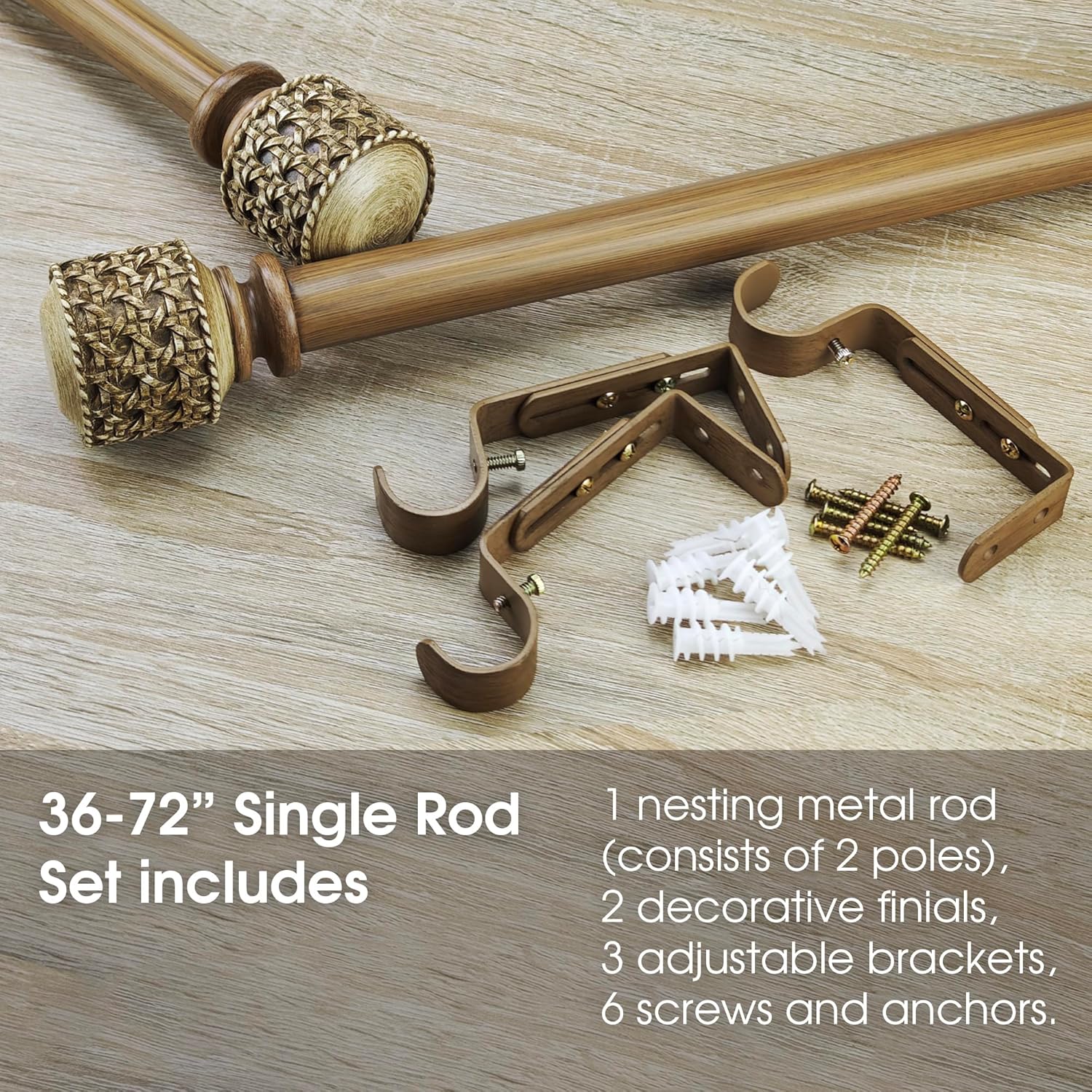 1-1/8 Inch Diameter Faux Wood Curtain Rods with Faux Rattan Cane Woven Finials, 36-72'' Telescoping Single Curtain Rods for window width 24-68 inch, 1 pack