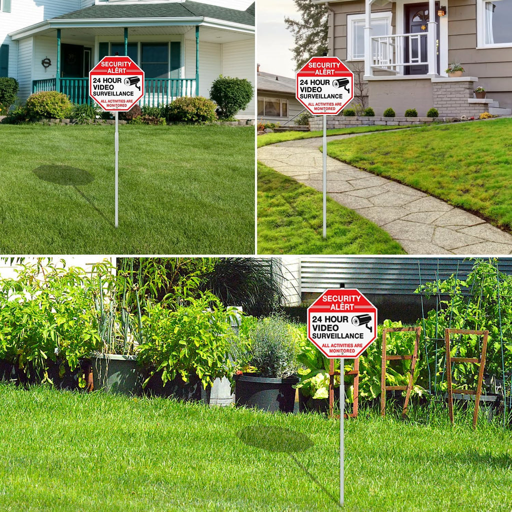 Faittoo Security Sign Video Surveillance Sign with 36" Stake for Outside, 4-Pack 12"x12" Rust Free Heavy Aluminum, Reflective, Fade Resistant, 2 pre-drilled holes, Includes Matching Screws & Wrench,