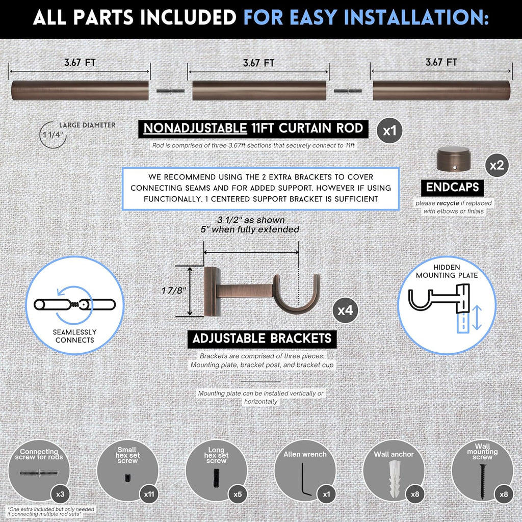 BlastHome® Non-Adjustable Luxury Curtain Rods for Windows, 1 ¼” Rod Set, 11 foot Fixed Length (Three Rods Connect for a Seamless Look), Oil Rubbed Bronze