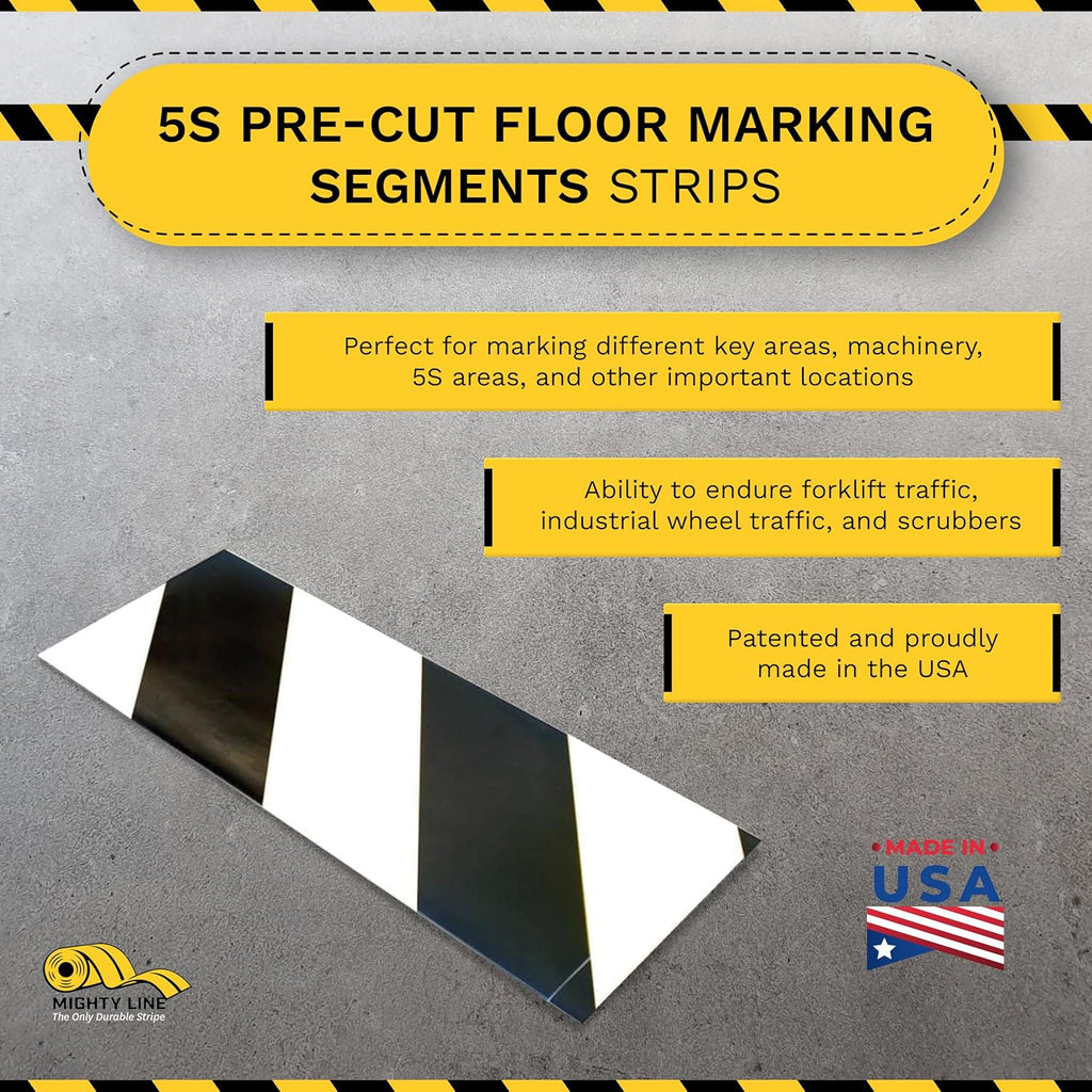 Mighty Line Floor Marking Tape Strips for Safety, Caution, Warning, Heavy-Duty, Peel and Stick, Adhesive, Industrial Quality, White and Black Hazard, 6" by 10"