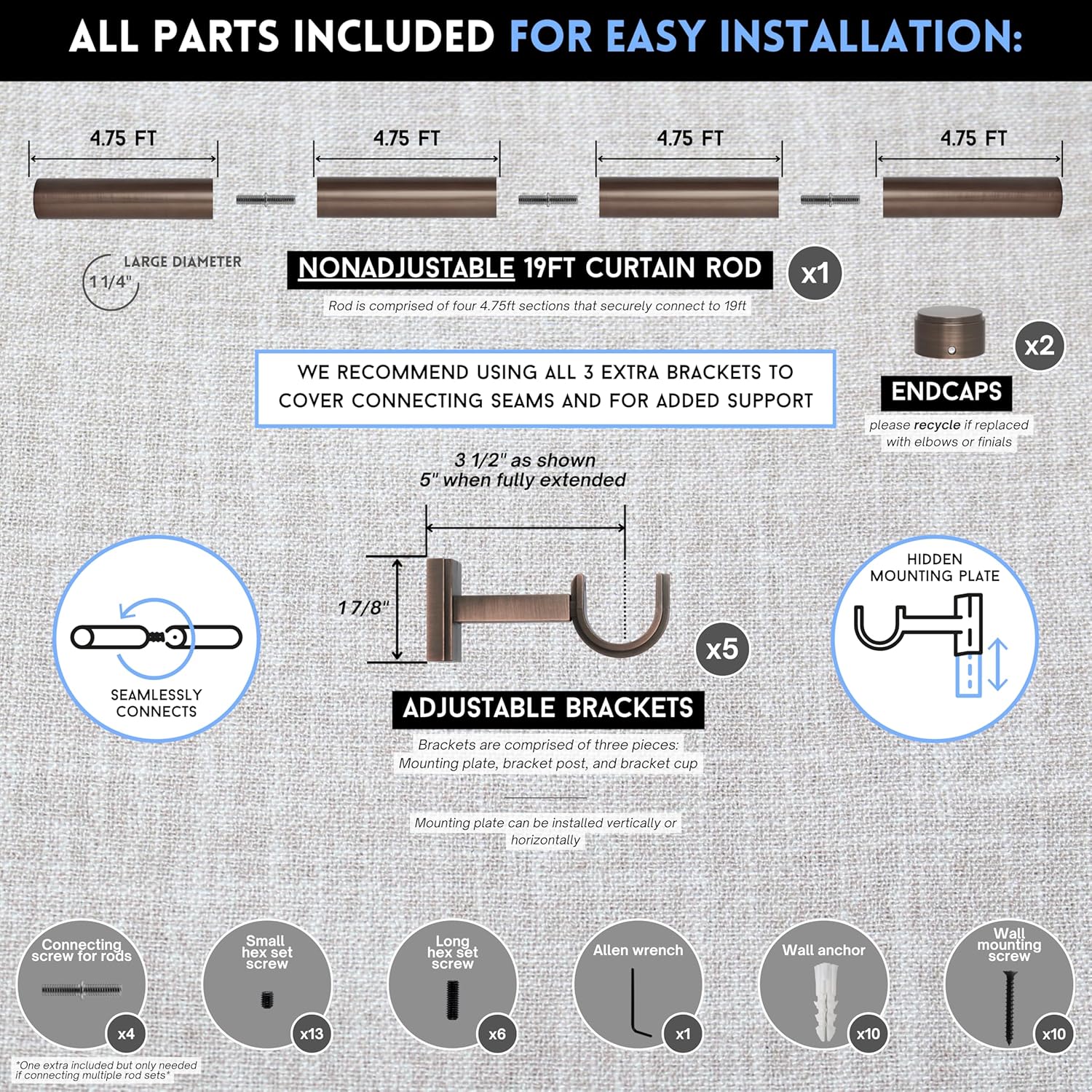 BlastHome® Non-Adjustable Luxury Extra Long Curtain Rod, 1 ¼” Rod Set, 19 foot Fixed Length (Four Rods Connect for a Seamless Look), Oil Rubbed Bronze