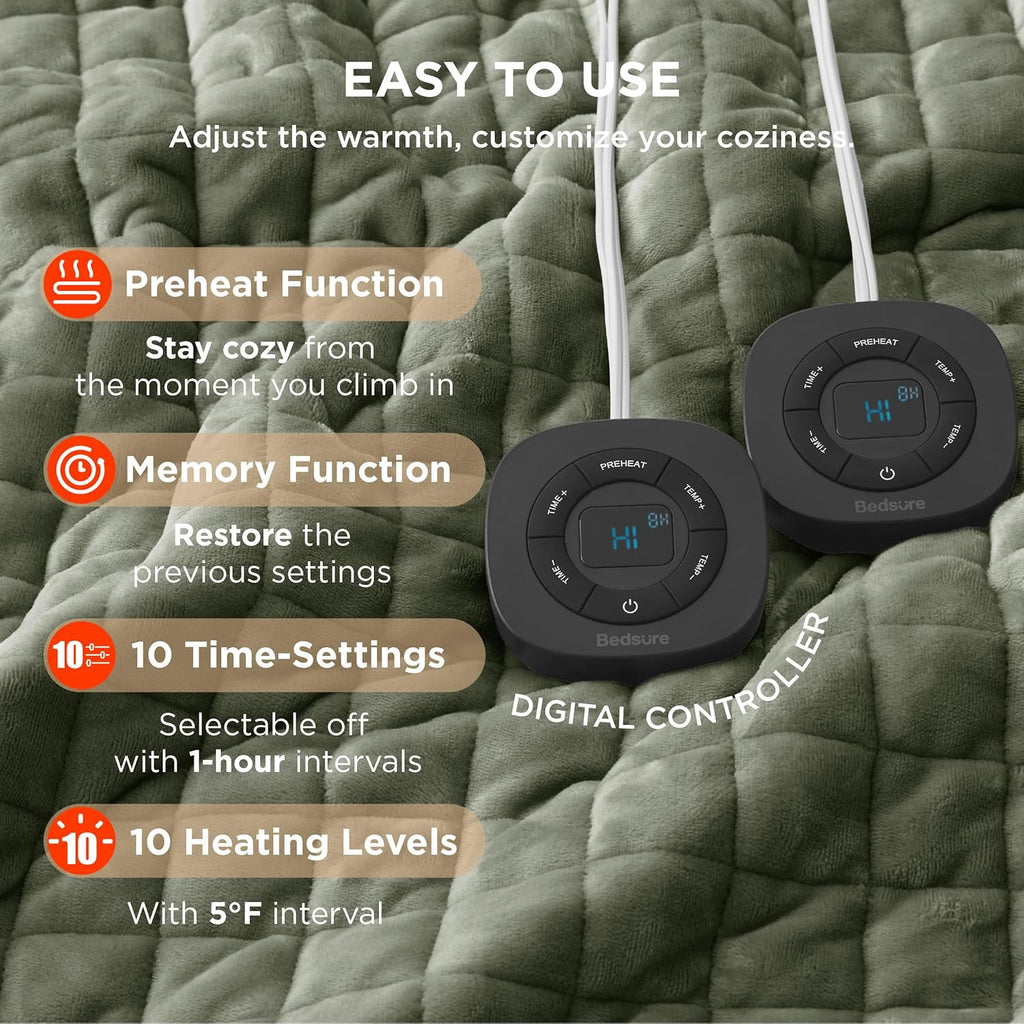 Bedsure Electric Blanket Queen Size - Dual Control Heated Weighted Blanket Queen with 10 Heat Settings, Fast Heating with 10 Time Settings (84x90 inches, Olive Green)