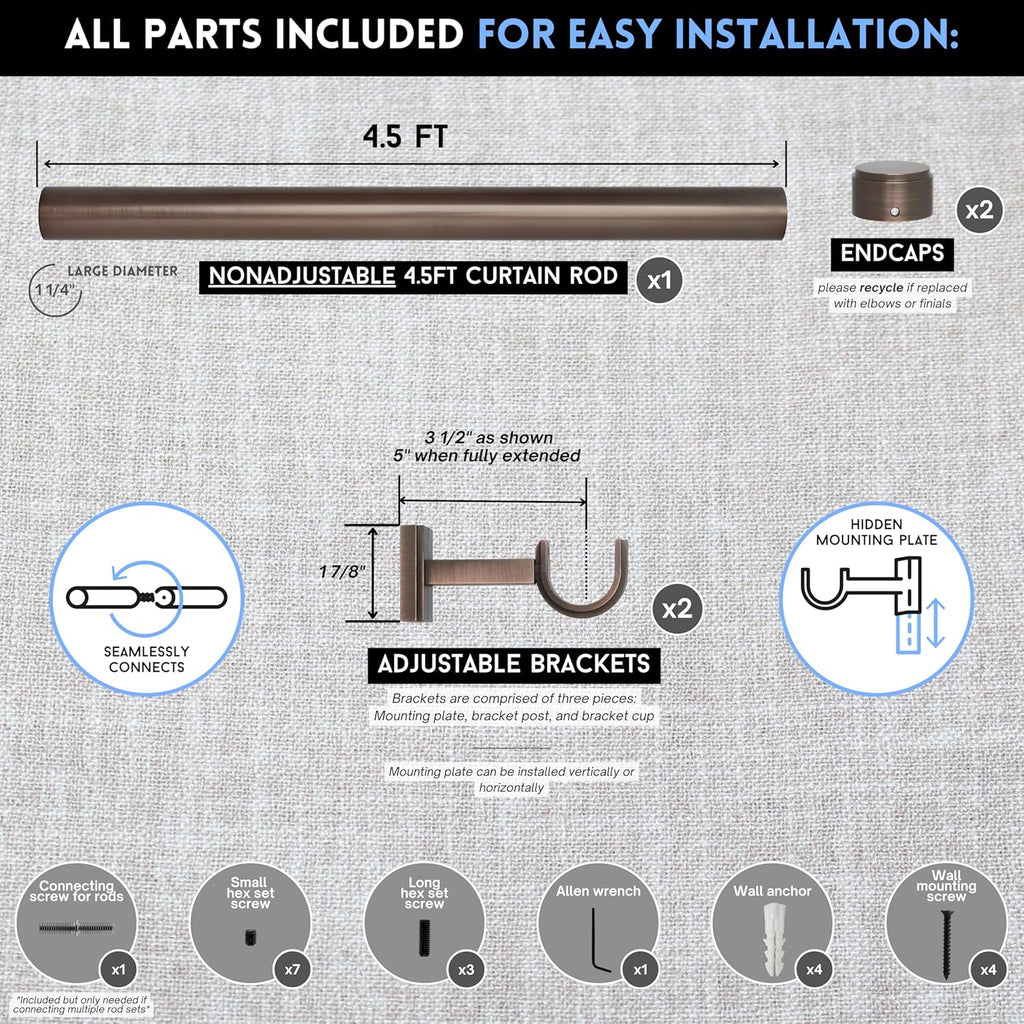 BlastHome® Non-Adjustable Luxury Curtain Rods for Windows, 1 ¼” Rod Set, 4 1/2 foot Fixed Length, Oil Rubbed Bronze