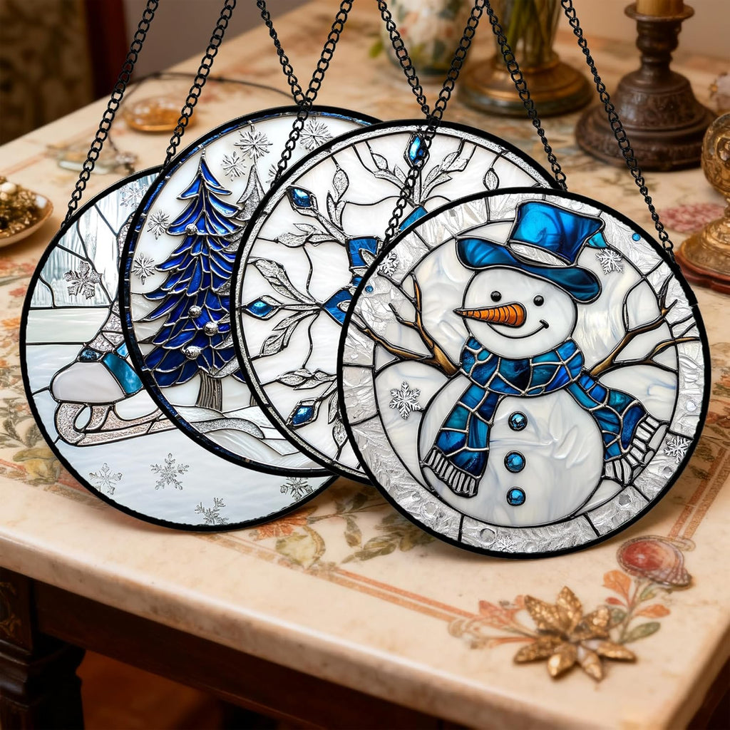 Stained Glass Window Hanging 4 Pcs Set White Winter Christmas Snow Scene 7.8" - Suncatcher Door Garden Sun Catcher Decor Birthday for Mom Woman Nana Men Friend Wife