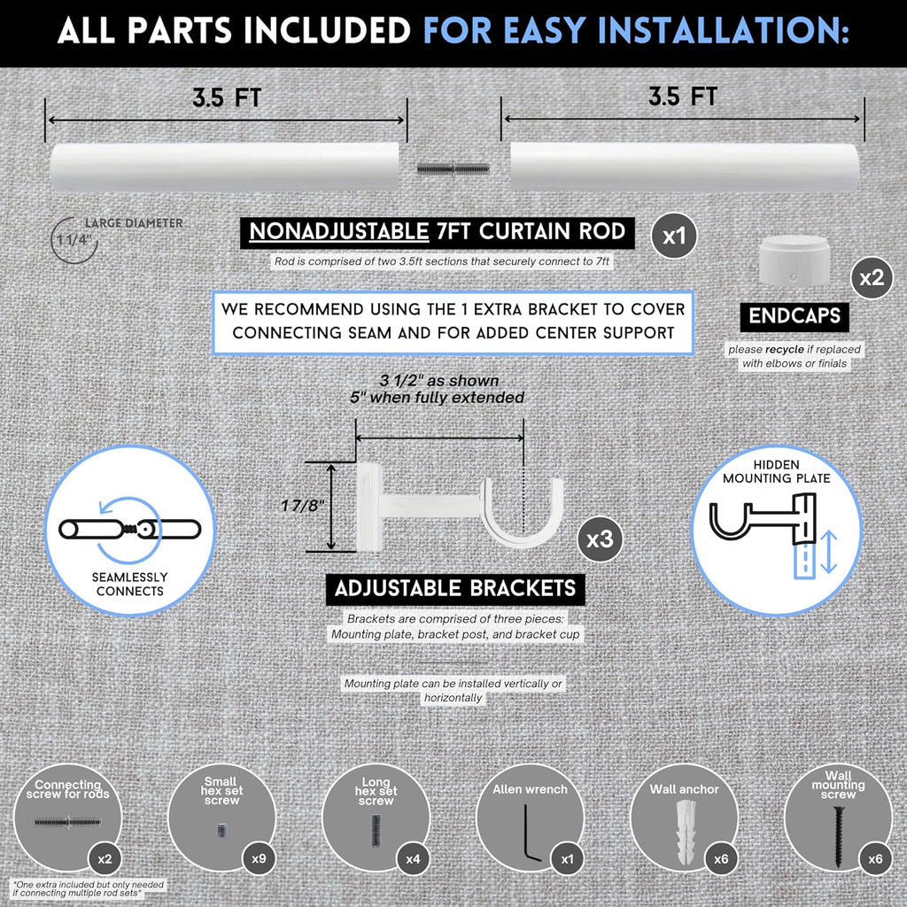 BlastHome® Non-Adjustable Luxury Curtain Rods for Windows, 1 ¼” Rod Set, 7 foot Fixed Length (Two Rods Connect for a Seamless Look), Brushed White