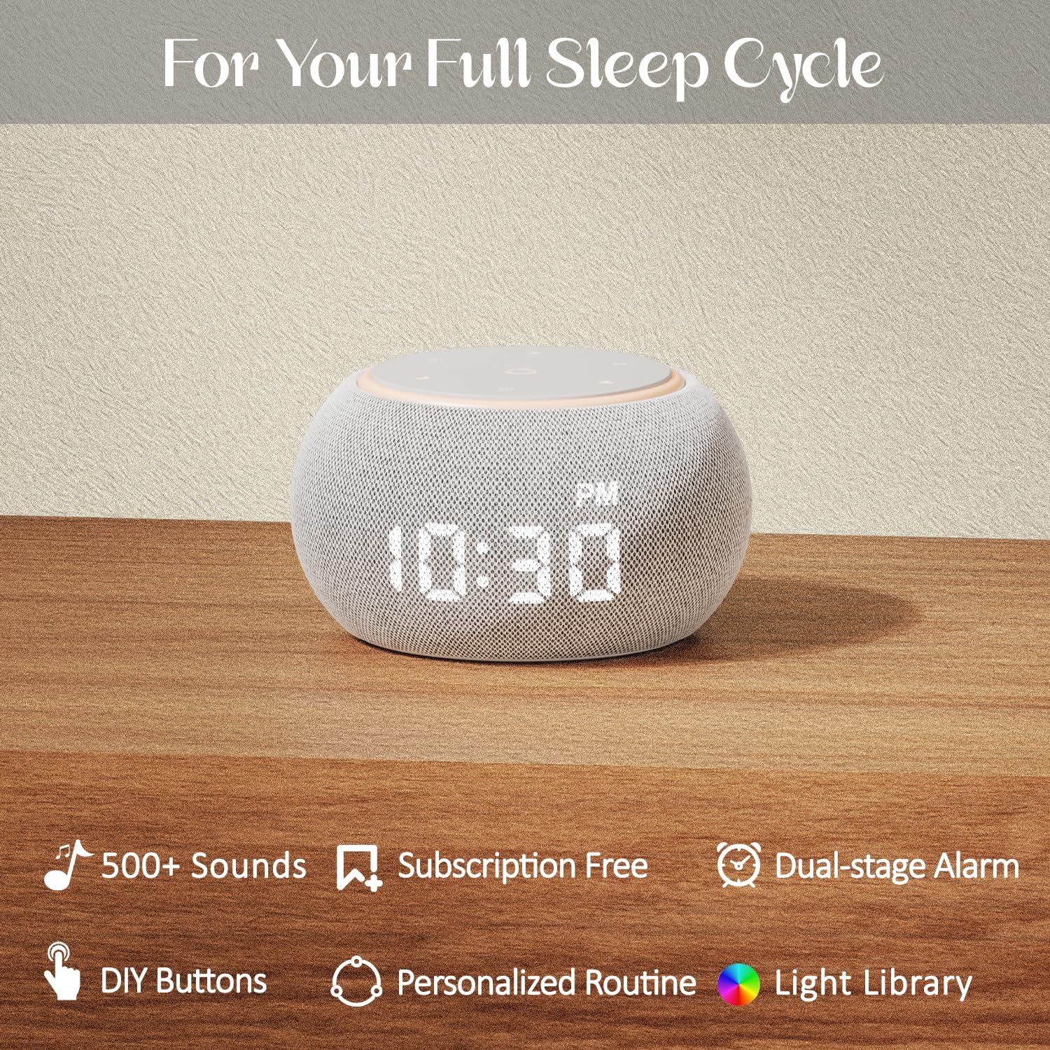 White Noise Sound Machine for Sleep, Dual-Stage Alarm&Snooze, Smart App Control, Custom Buttons, 500+ Non Looping Soothing Sounds, Dimmable Clock, Timer, Night Light, Lullaby, for Baby Adults Kids