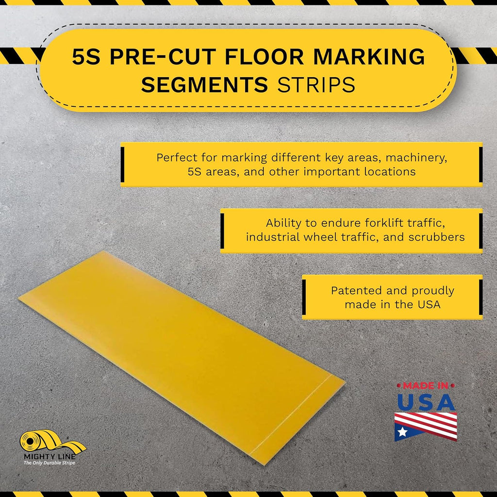 Mighty Line Floor Marking Tape Strips for Safety, Caution, Warning, Heavy-Duty, Peel and Stick, Adhesive, Industrial Quality, Yellow, 4" by 10"