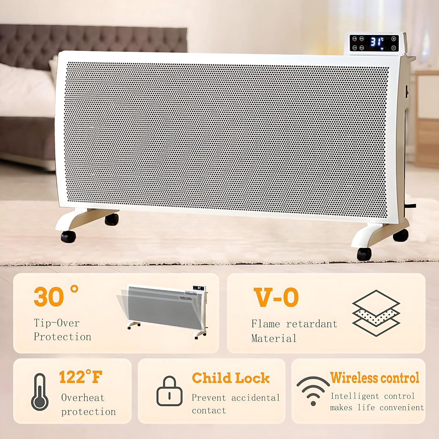 Infrared Space Heater: 1500W Portable Stand or Wall Mount Smart Electric Heater for Indoor Use Remote Control Bedroom & Office