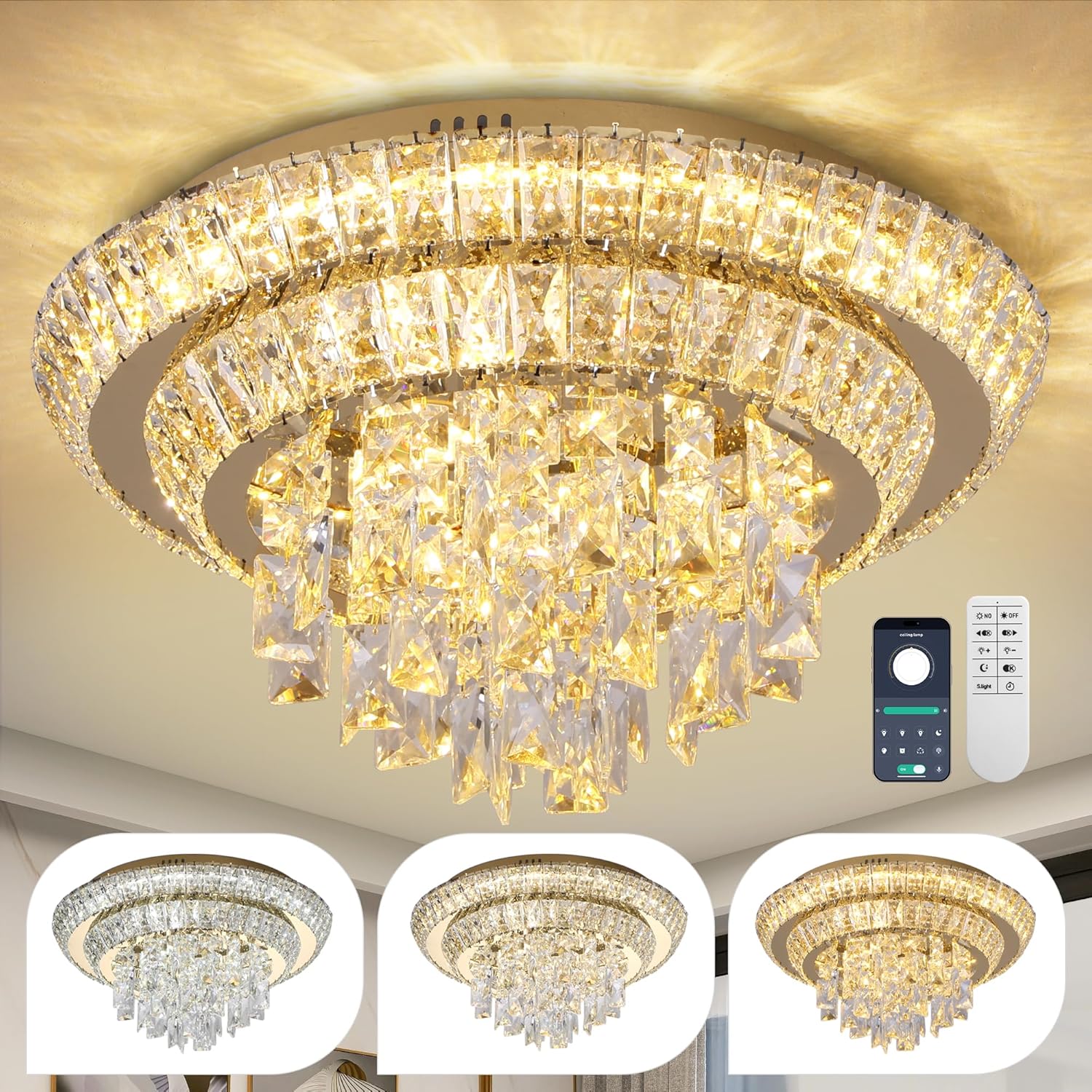 18 inch Flush Mount Crystal Chandeliers with Remote and App Gold, Modern Elegant LED Crystal Raindrop Ceiling Light Fixture, 3CCT Dimmable, for Living Room Kitchen Island Bedroom Entryway Foyer
