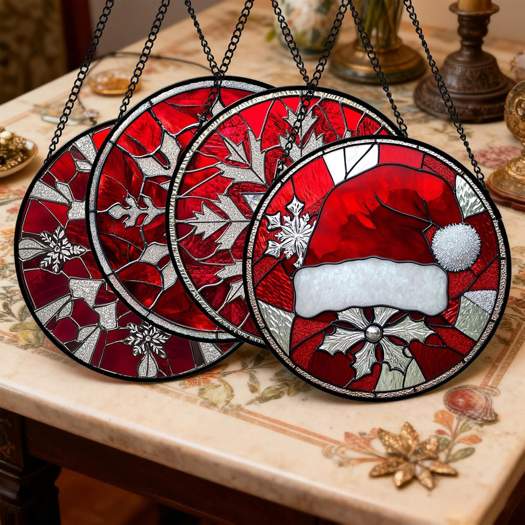Stained Glass Window Hanging 4 Pcs Set Red Christmas Decorations Theme 7.8" - Suncatcher Door Garden Sun Catcher Decor Birthday for Mom Woman Nana Men Friend Wife