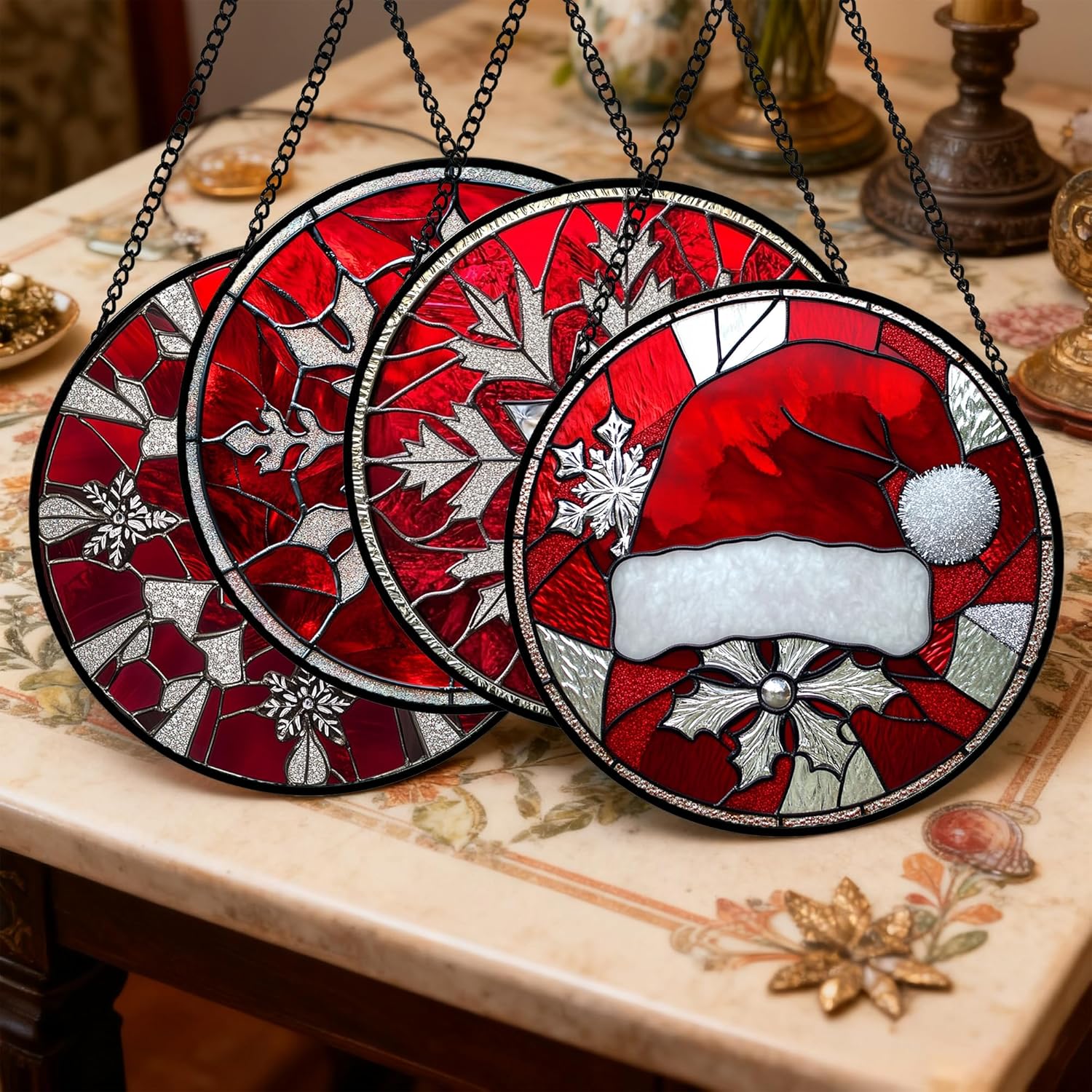 Stained Glass Window Hanging 4 Pcs Set Red Christmas Decorations Theme Large 15" - Suncatcher Door Garden Sun Catcher Decor Birthday for Mom Woman Nana Men Friend Wife