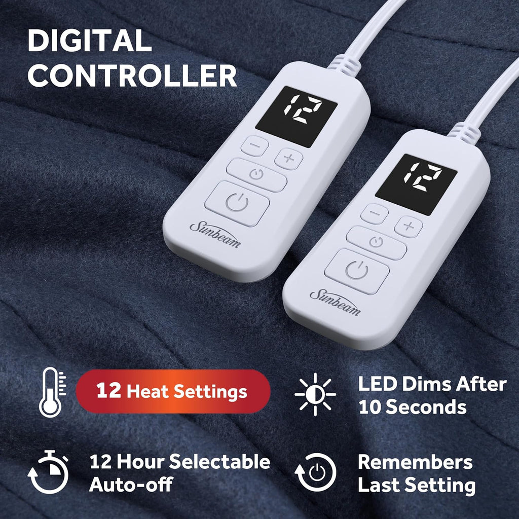 Sunbeam Royal Ultra Fleece Heated Electric Blanket Queen Size, 90" x 84", 12 Heat Settings, 12-Hour Selectable Auto Shut-Off, Fast Heating, Machine Washable, Warm and Cozy, Indigo