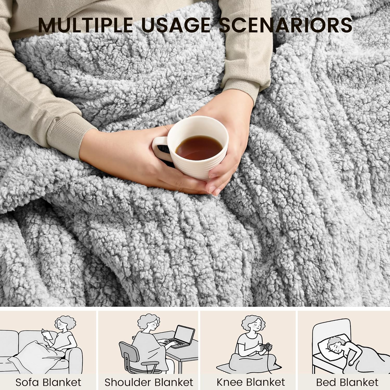 Heated Blanket Electric Blanket Throw - Fast Heating Blanket Throw Double Sided Sherpa Ultra Soft Cozy with 6 Heating Levels & 1-4 Hours Auto Off, Mashine Washable, 50 x 60 Inches, Grey