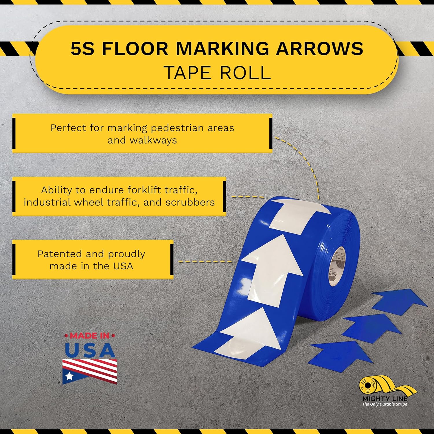Mighty Line 5.5" Wide Solid Arrows Roll, Directional Sticker Sign Floor Marking Tape for Safety, Caution, Warning, Heavy-Duty, Peel and Stick, Adhesive, Industrial Quality, Blue, Pack of 200