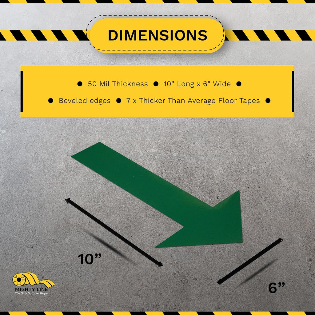 Mighty Line Solid Arrows Directional Sticker Sign Floor Marking Tape for Safety, Caution, Warning, Heavy-Duty, Peel and Stick, Adhesive, Industrial Quality, Green, 10" by 6", Pack of 50