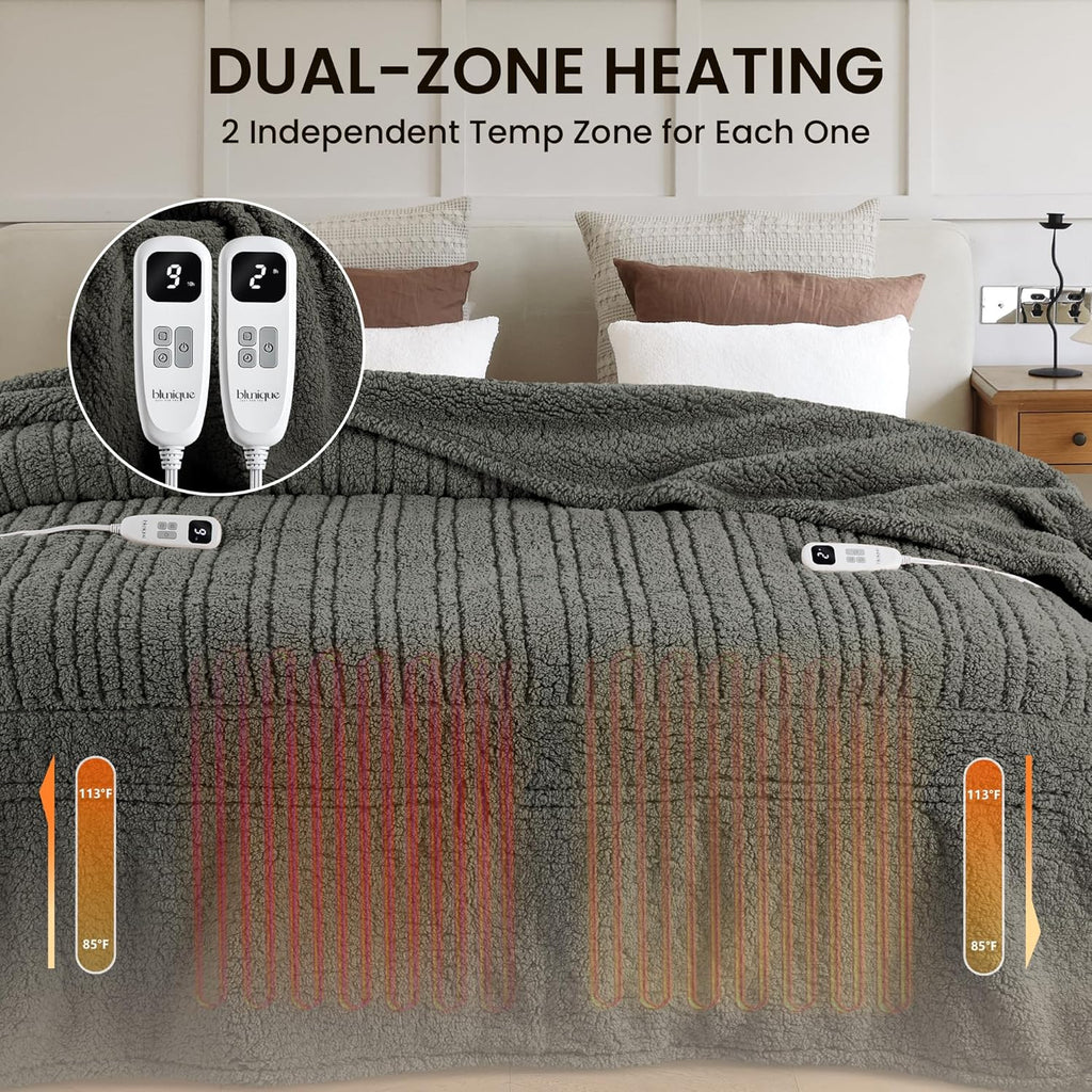 Heated Blanket Electric Blanket Queen - Fast Heating Blanket Throw Dual Control Double Sided Sherpa with 10 Heating Levels & 2-10 Hours Auto Off, Mashine Washable, 84 x 90 Inches, Grey