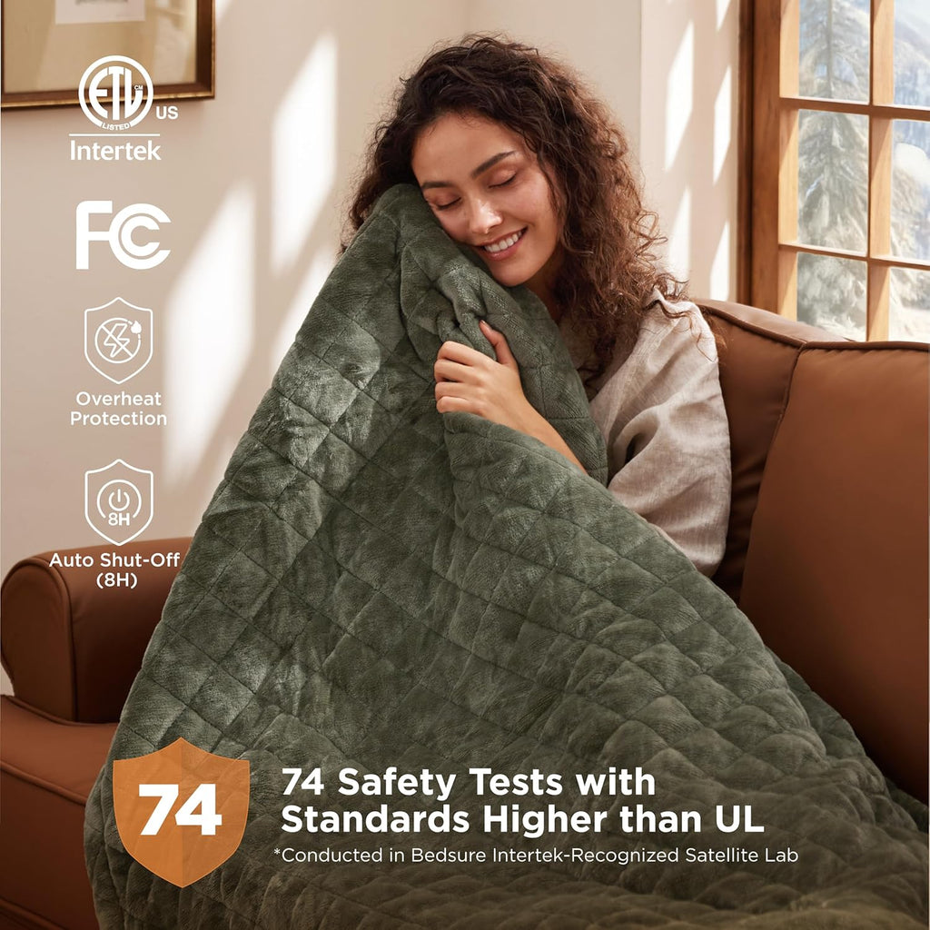 Bedsure Electric Blanket Queen Size - Dual Control Heated Weighted Blanket Queen with 10 Heat Settings, Fast Heating with 10 Time Settings (84x90 inches, Olive Green)