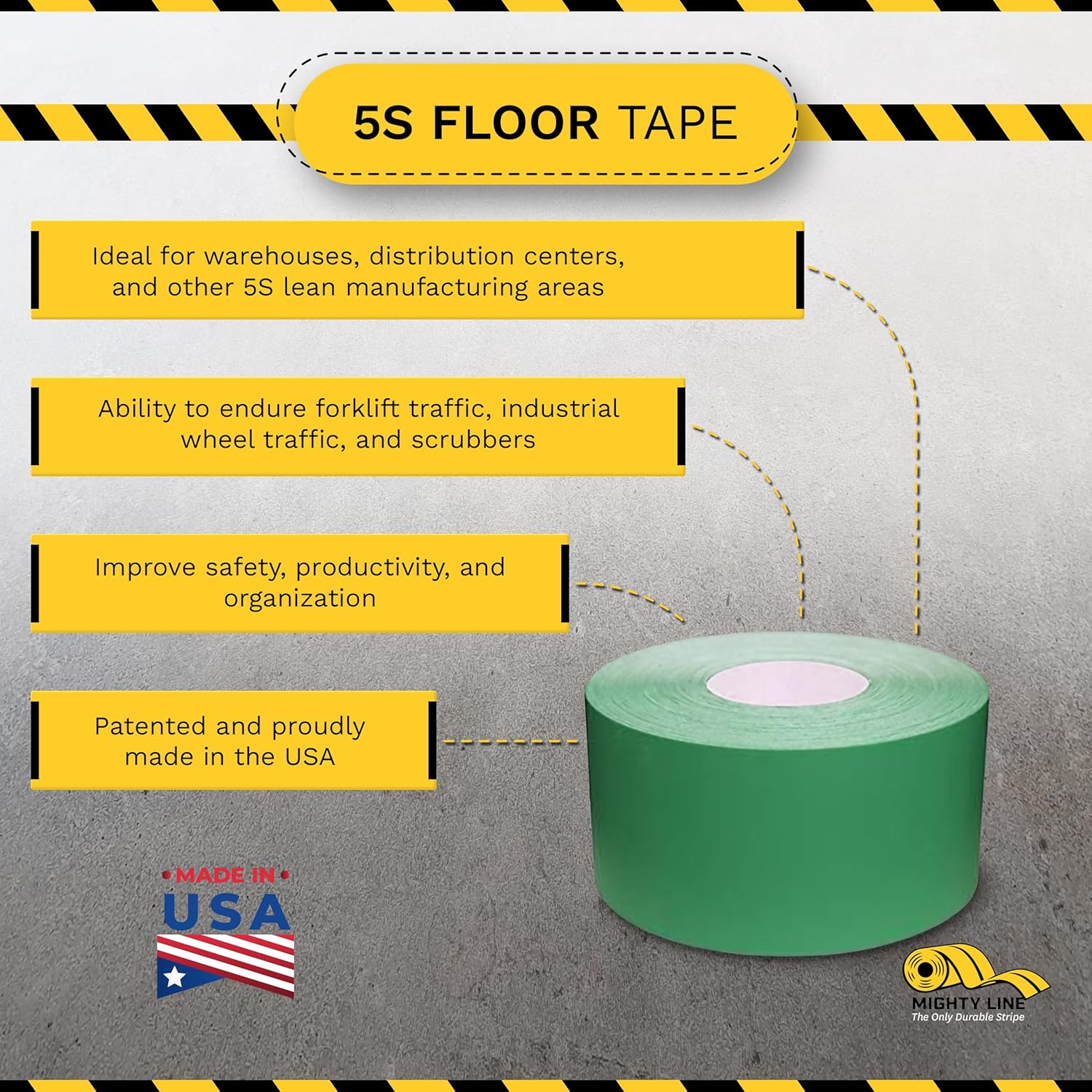 Mighty Line UltraLine Solid Floor Marking Tape for Safety, Caution, Warning, Heavy-Duty, Peel and Stick Adhesive, Beveled Edge Design, Industrial Quality, 4 Inch, 100' Roll, Green