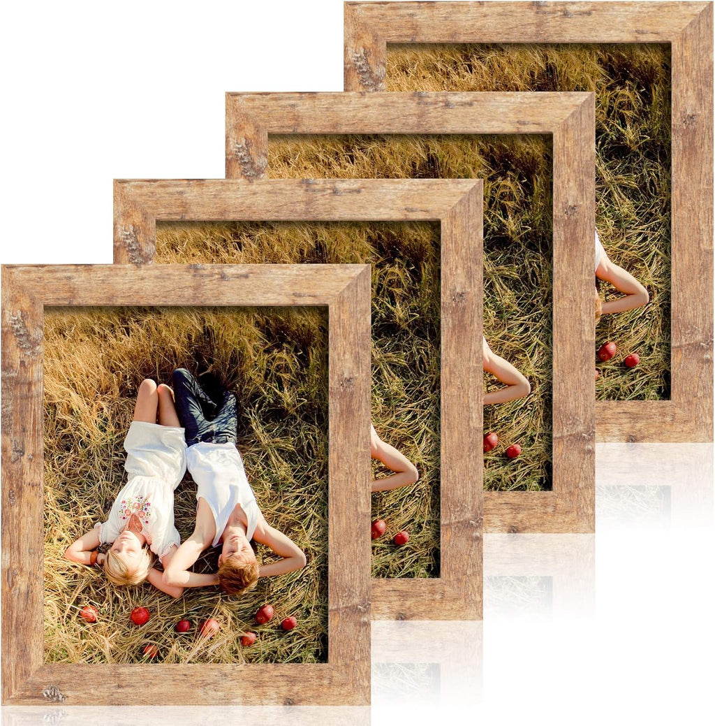 iRahmen 8x10 Picture Frame Set of 4, High Definition Real Glass Rustic Brown Frame, 8 x 10 Wood Photo Frames for Desktop Display and Wall Mounting