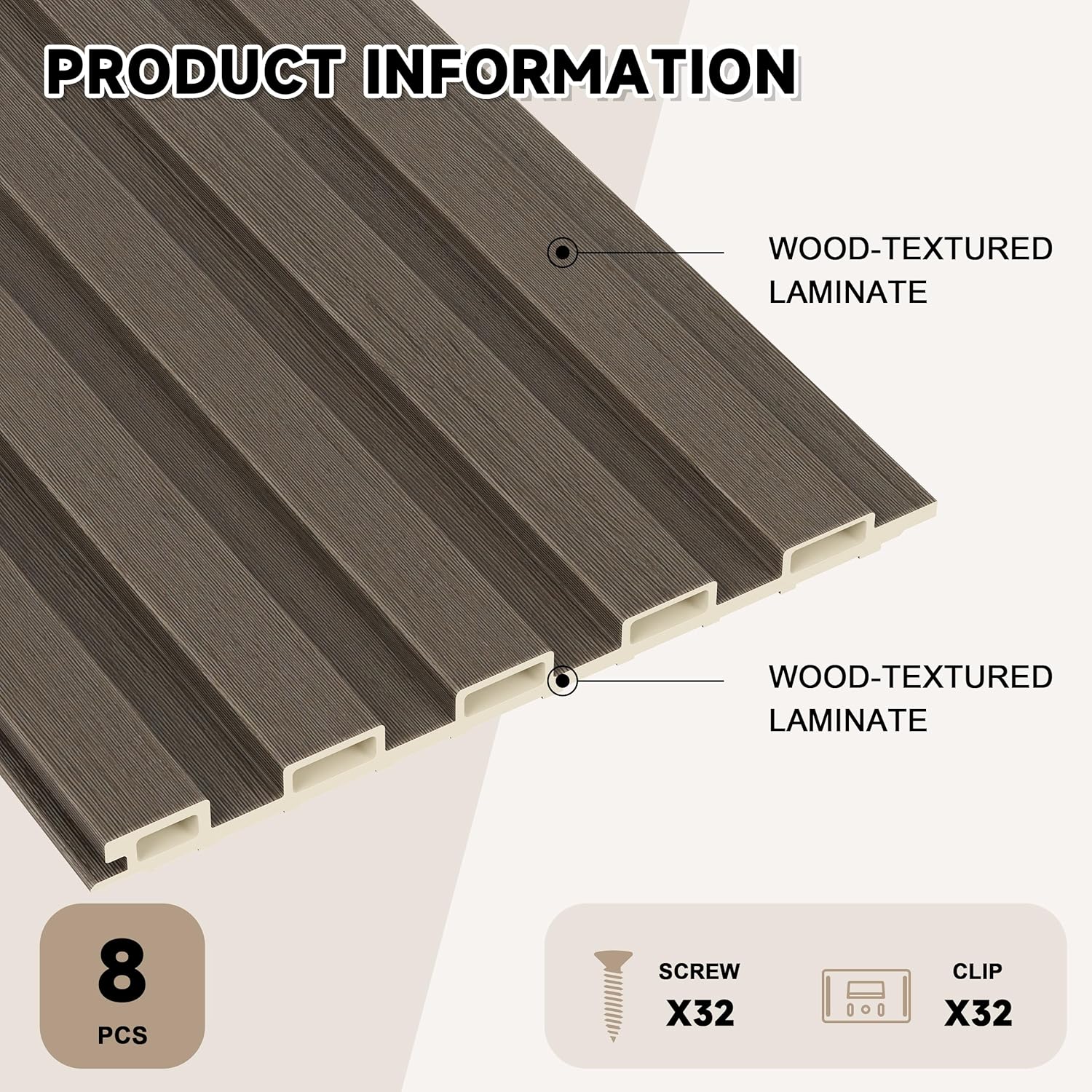 WPC Slat Wall Paneling, 8-Pack 3D WPC Wood Wall Panels, Acoustic Wall Panels for Interior Wall Decor, Living Room, Bedroom, Grayish Brown, 95 x 6 in