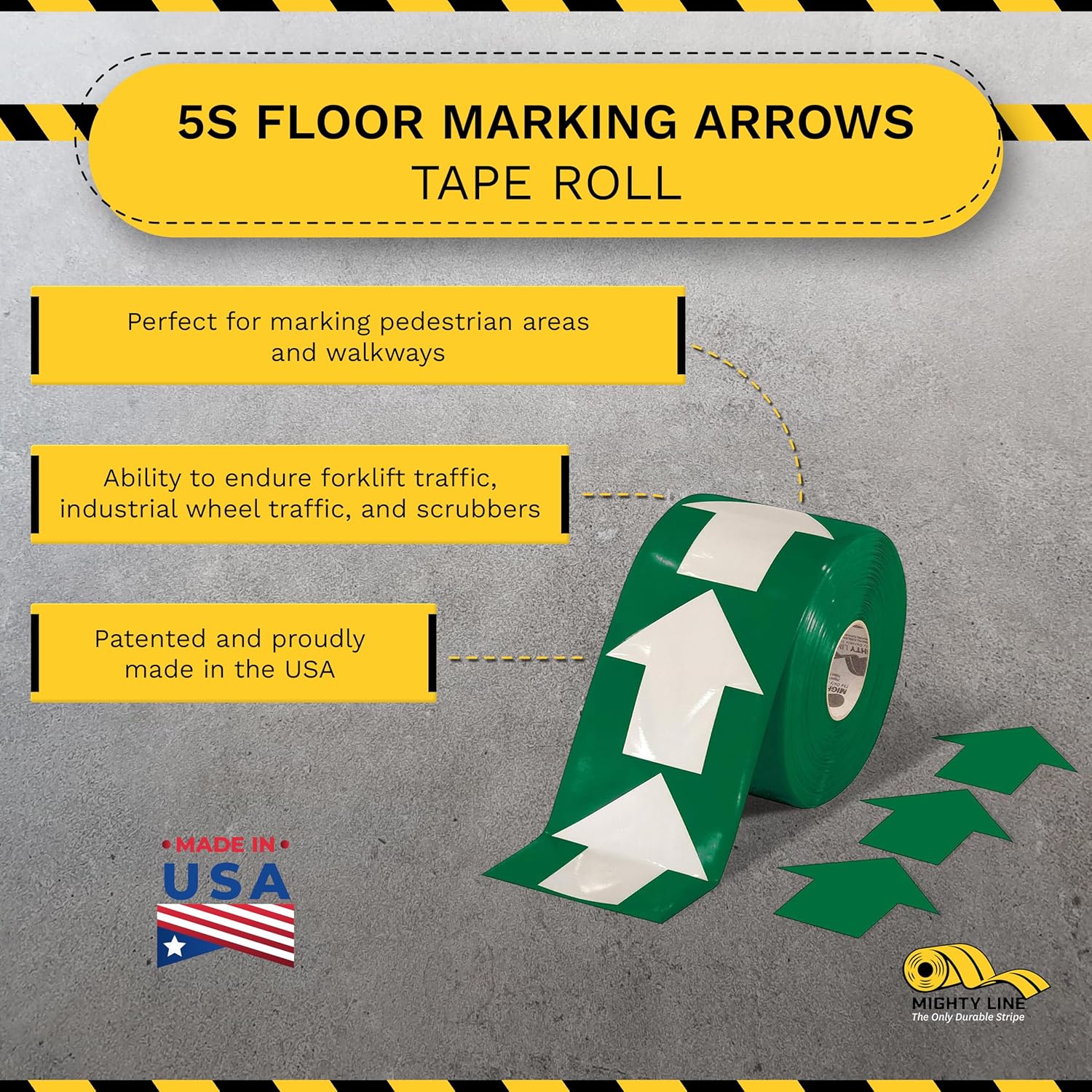 Mighty Line 5.5" Wide Solid Arrows Roll, Directional Sticker Sign Floor Marking Tape for Safety, Caution, Warning, Heavy-Duty, Peel and Stick, Adhesive, Industrial Quality, Green, Pack of 200