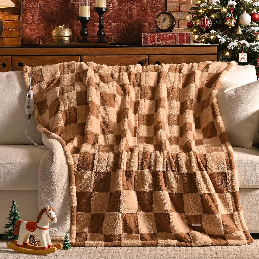 Bearhug Heated Throw Blanket 50" × 60", Electric Blanket Reversible Brown Plaid Sherpa, 4h Auto-Off Timer & 6 Heating Levels, Reversible Heated Throw, ETL Certified, Machine Washable, Gift Box